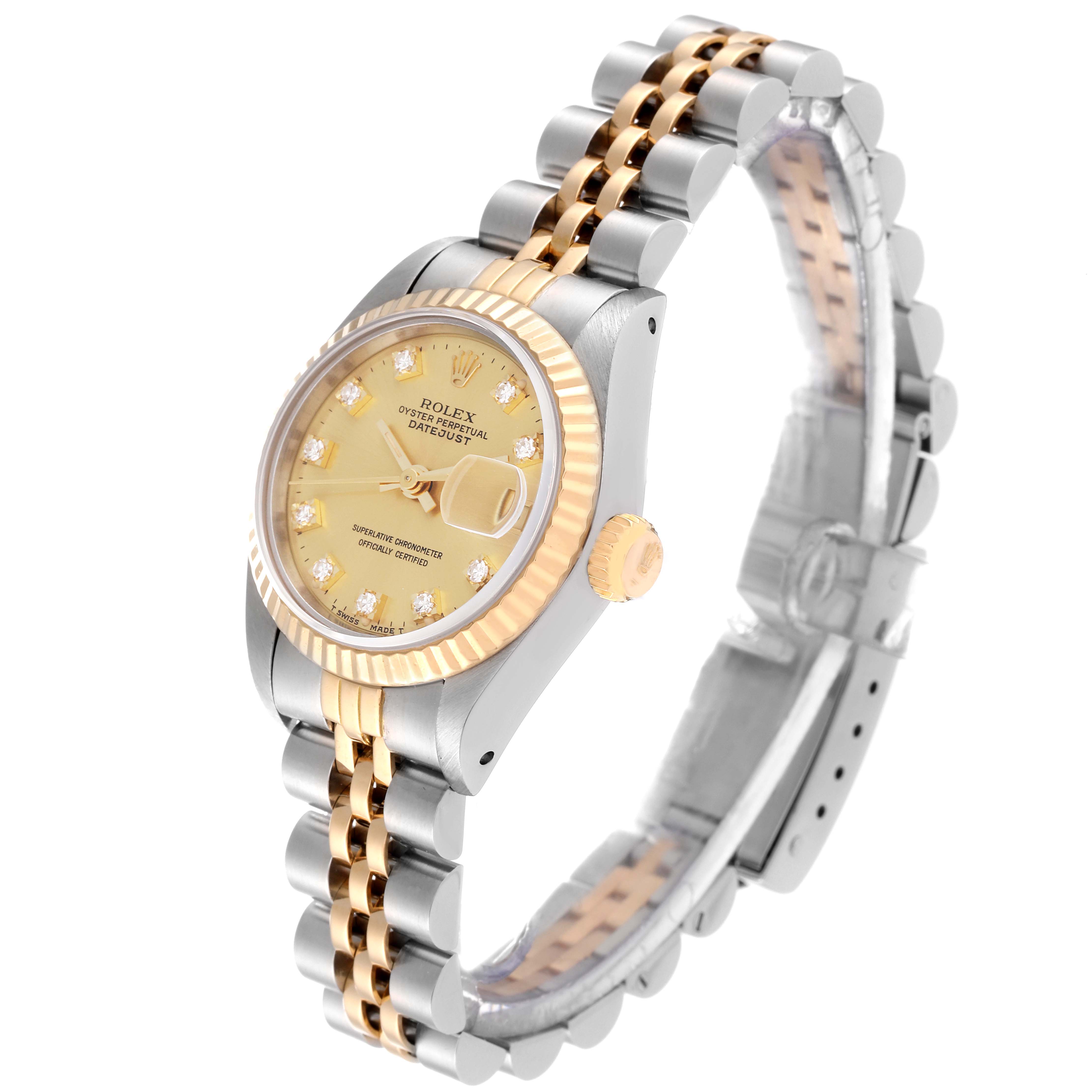 The image shows a Rolex Datejust 69173 Women's Steel and Gold (two tone) Champagne Dial 69173 Women's Steel and Gold (two tone) Champagne Dial watch at a three-quarter angle, highlighting the dial, bezel, crown, and bracelet.