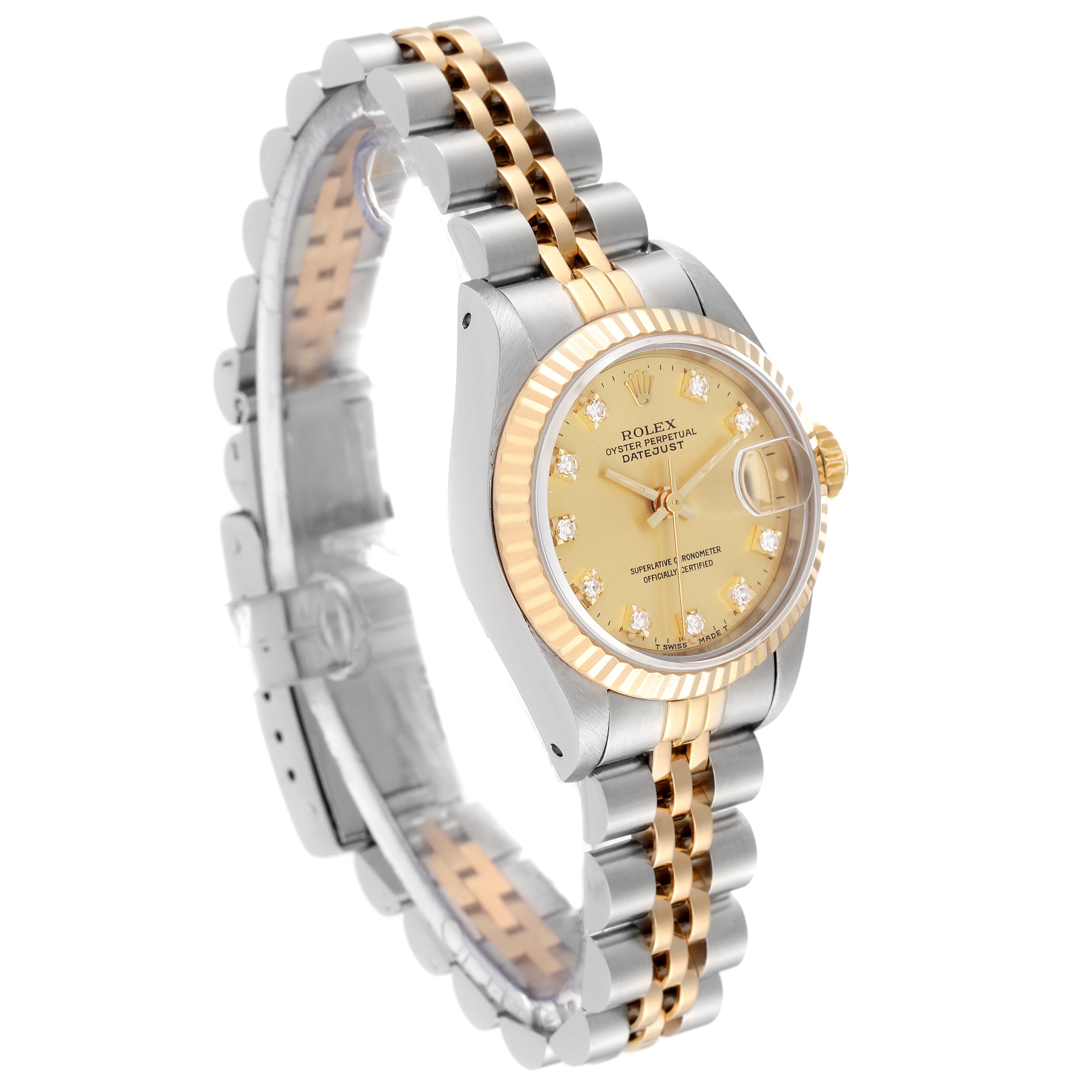 The image shows a Rolex Datejust 69173 Women's Steel and Gold (two tone) Champagne Dial 69173 Women's Steel and Gold (two tone) Champagne Dial watch at a three-quarter angle with a silver and gold jubilee bracelet, fluted bezel, and diamond hour markers.