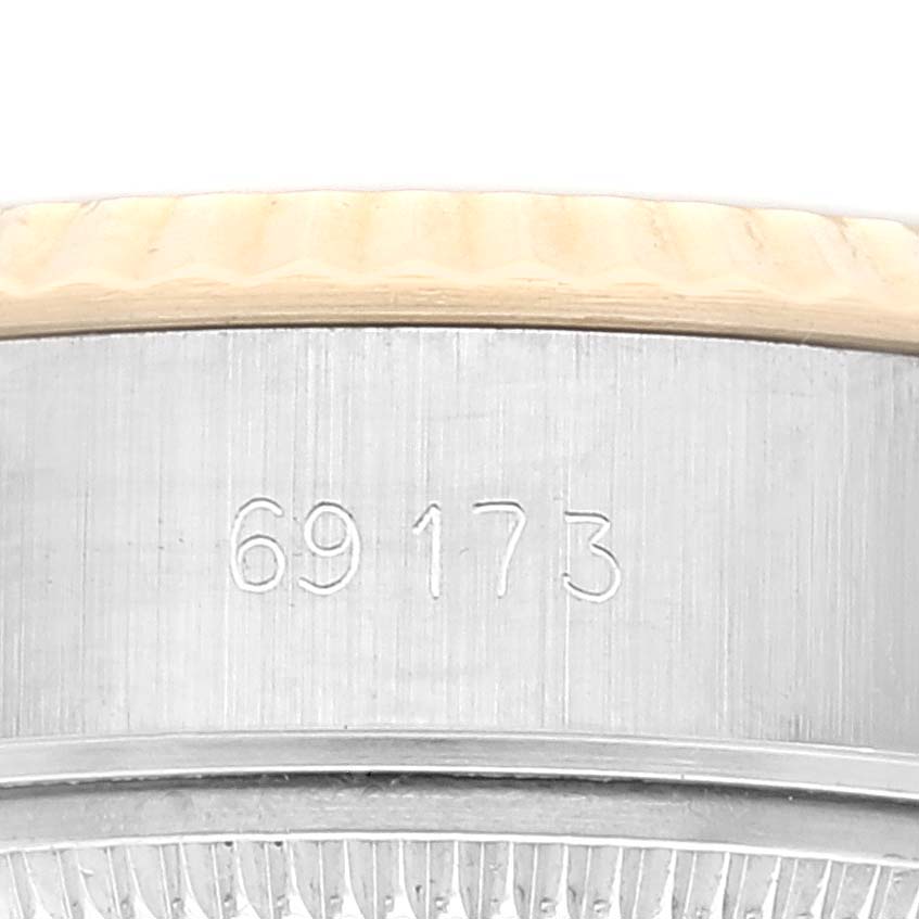 This close-up image shows the side case and model number "69173" of the Rolex Datejust 69173 Women's Steel and Gold (two tone) Champagne Dial 69173 Women's Steel and Gold (two tone) Champagne Dial watch.