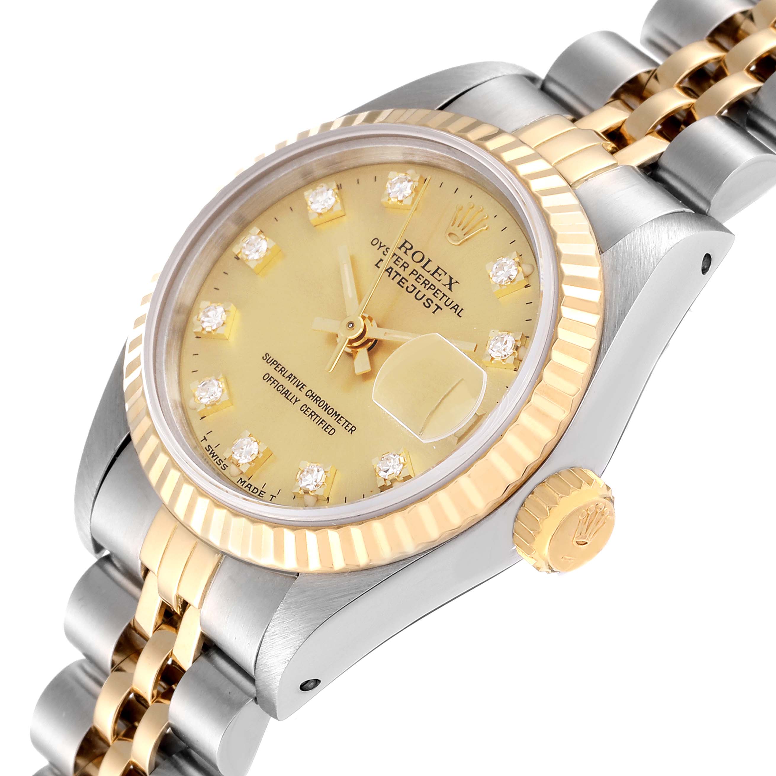 This Rolex Datejust 69173 Women's Steel and Gold (two tone) Champagne Dial 69173 Women's Steel and Gold (two tone) Champagne Dial watch is shown at an angled close-up, displaying its face, bezel, crown, and part of the bracelet.