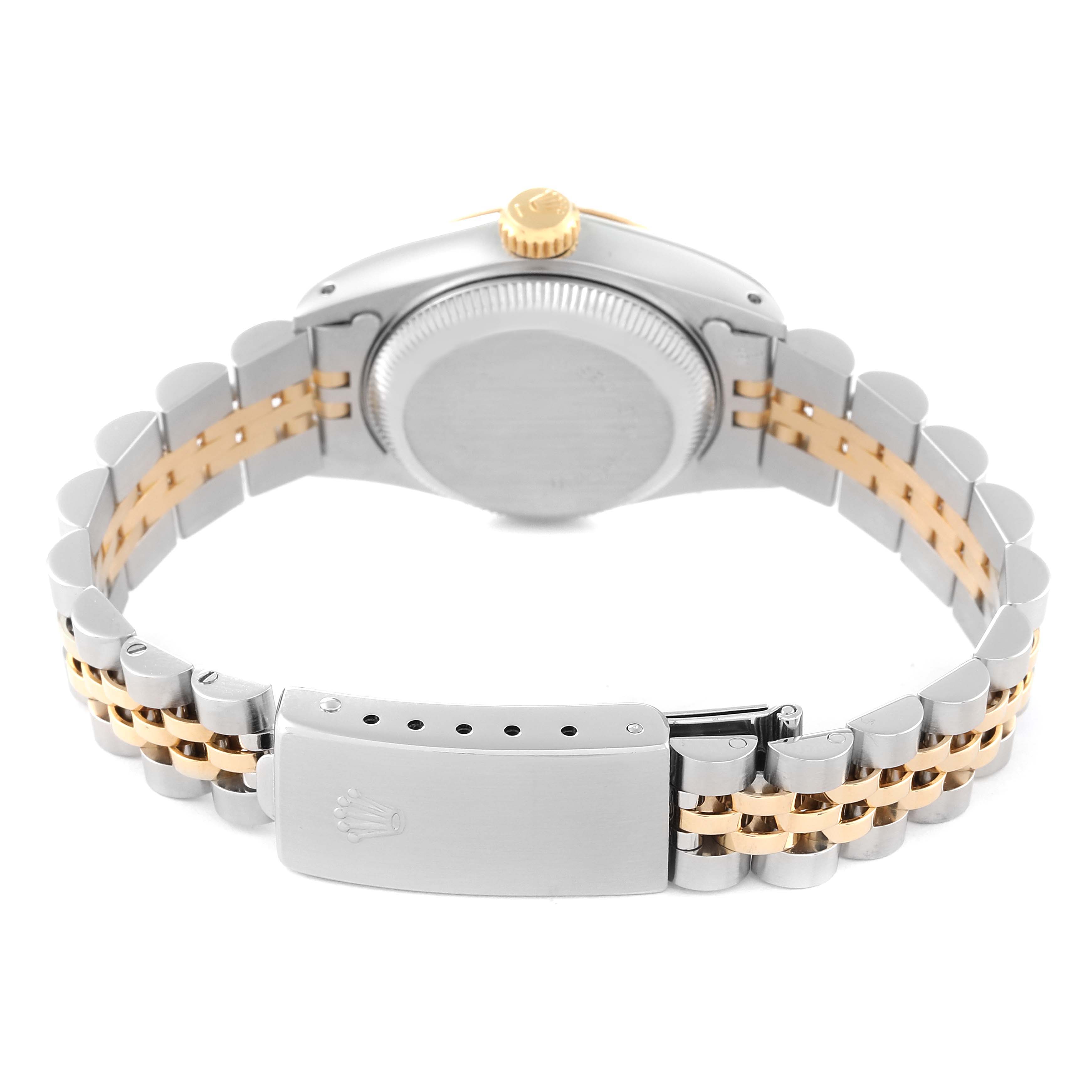 The image shows the back angle of a Rolex Datejust 69173 Women's Steel and Gold (two tone) Champagne Dial 69173 Women's Steel and Gold (two tone) Champagne Dial watch, highlighting the case back, crown, and two-tone bracelet with a clasp.