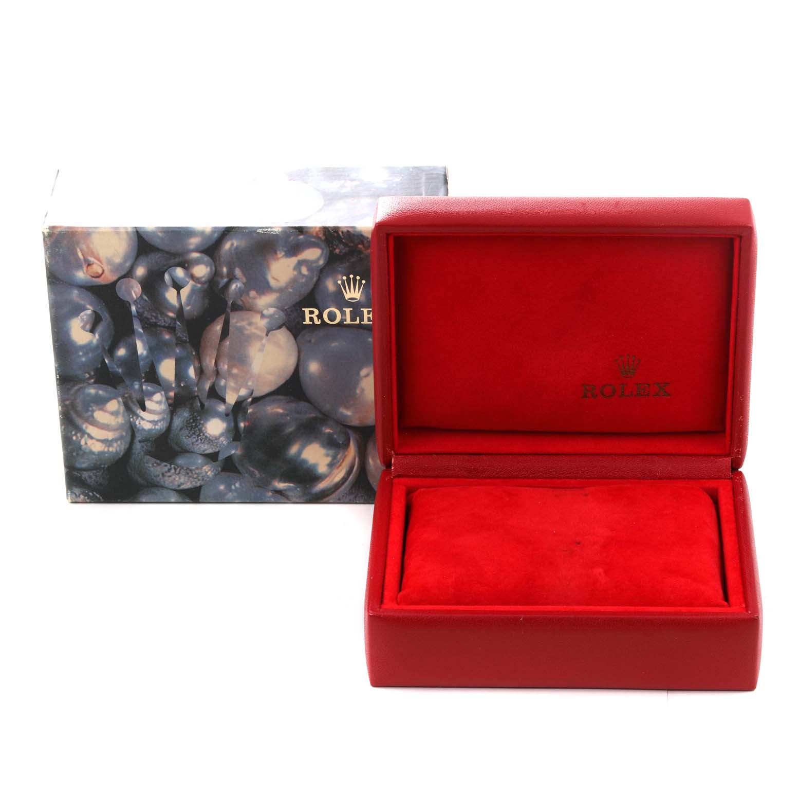 The image shows an open red Rolex Datejust 69173 Women's Steel and Gold (two tone) Champagne Dial 69173 Women's Steel and Gold (two tone) Champagne Dial watch box and its outer packaging with a pearl-like design.