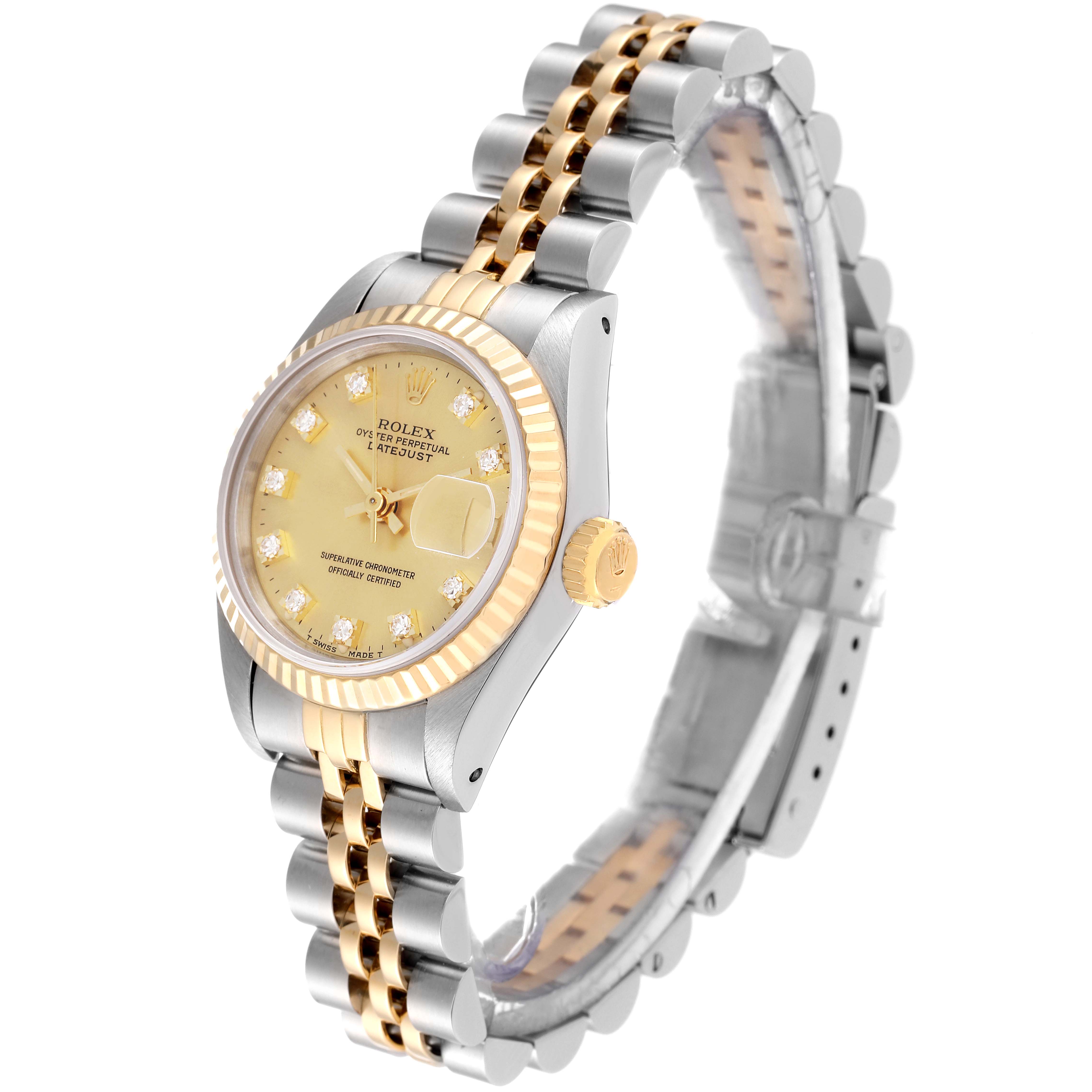 The Rolex Datejust 69173 Women's Steel and Gold (two tone) Champagne Dial 69173 Women's Steel and Gold (two tone) Champagne Dial watch is shown at a three-quarter angle, highlighting the face, bezel, crown, and two-tone bracelet.