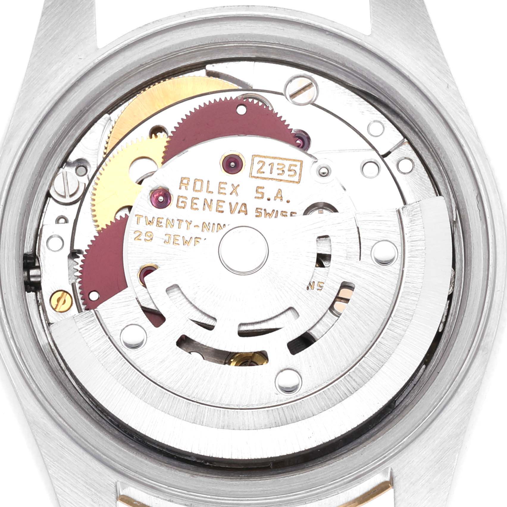 The image shows the movement mechanism of a Rolex Datejust 69173 Women's Steel and Gold (two tone) Champagne Dial 69173 Women's Steel and Gold (two tone) Champagne Dial watch from a back angle.