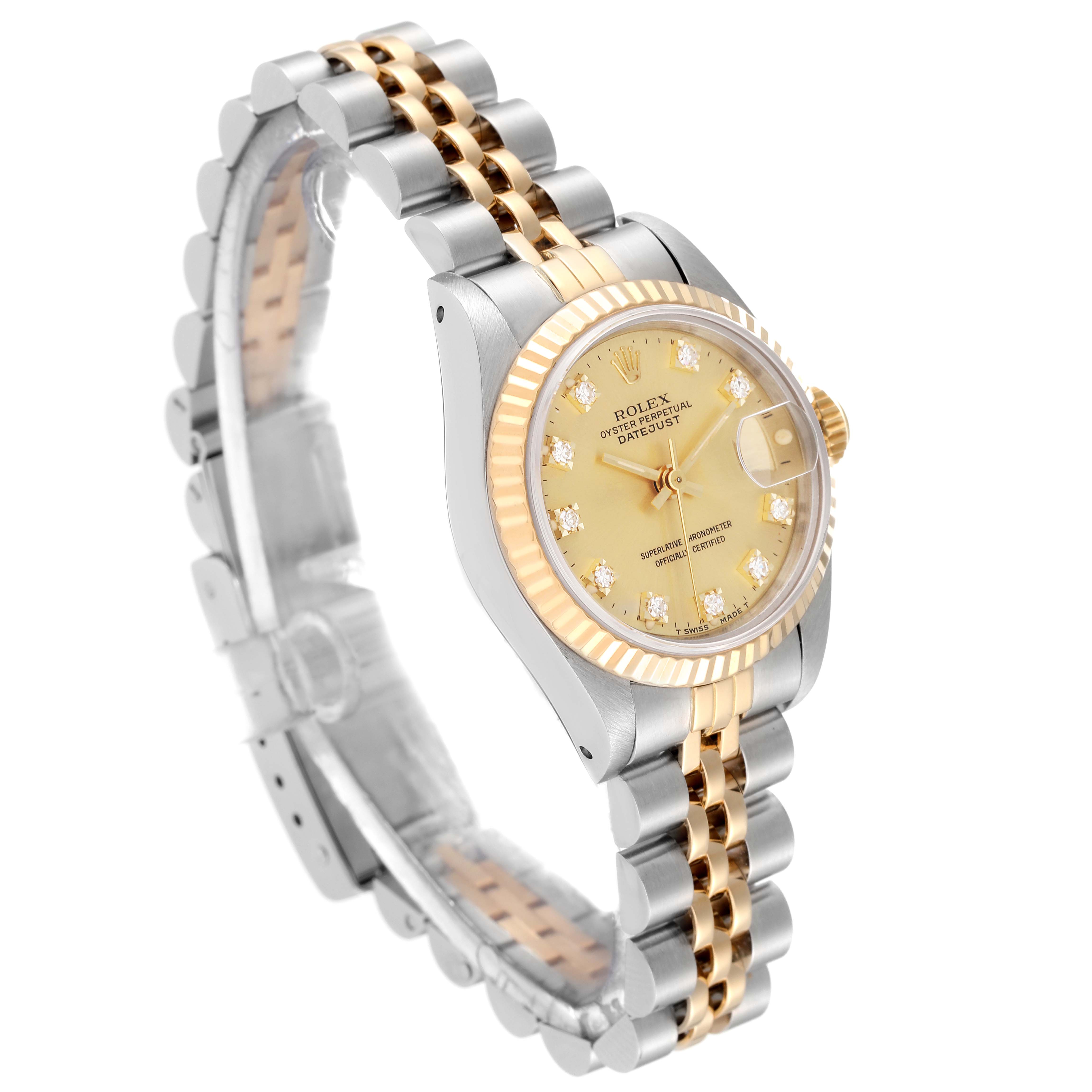 The angle shows a side perspective of the Rolex Datejust 69173 Women's Steel and Gold (two tone) Champagne Dial 69173 Women's Steel and Gold (two tone) Champagne Dial watch, highlighting its face, bezel, crown, and jubilee bracelet.