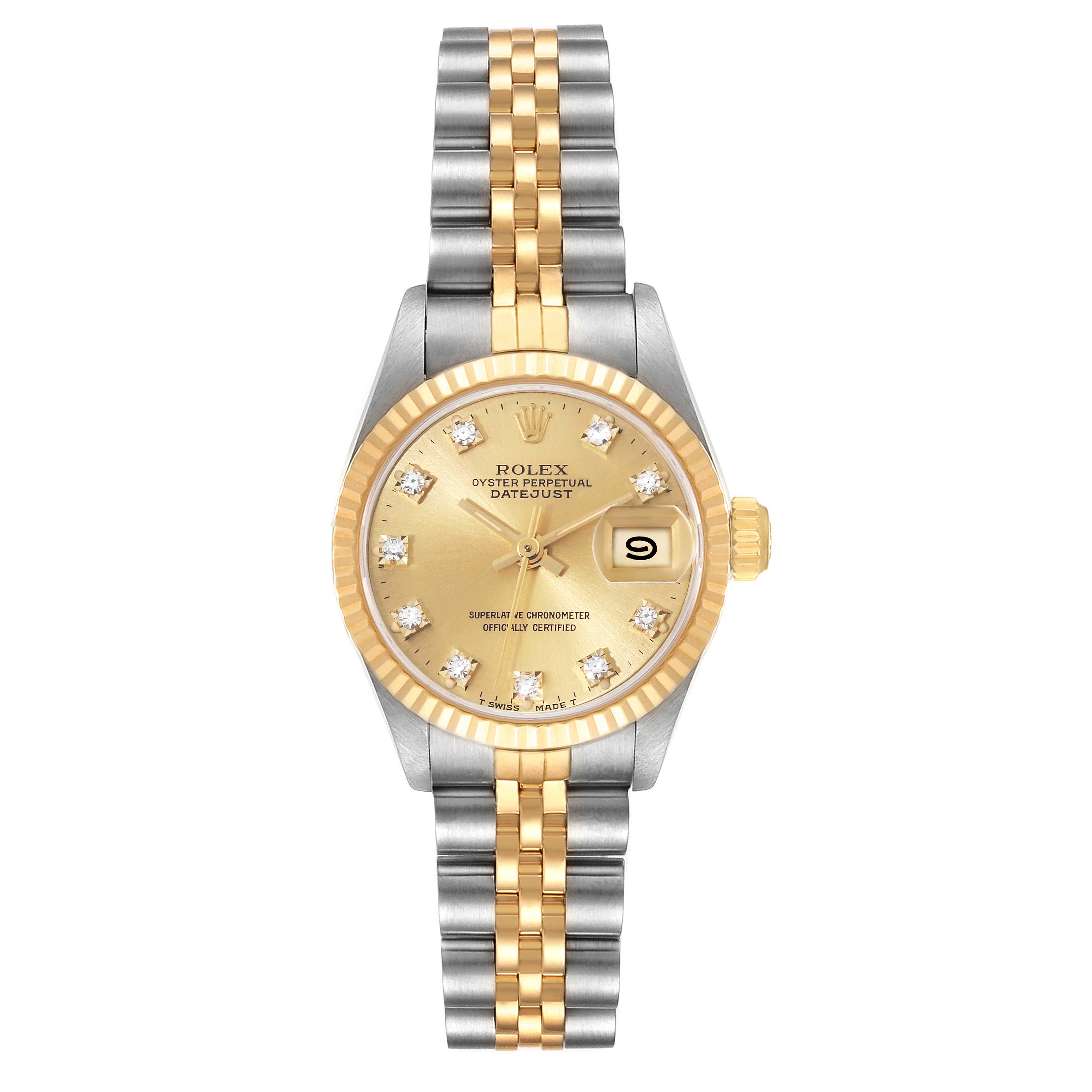 The Rolex Datejust 69173 Women's Steel and Gold (two tone) Champagne Dial 69173 Women's Steel and Gold (two tone) Champagne Dial watch is shown from a top-down angle, highlighting its dial, bezel, and two-tone bracelet.