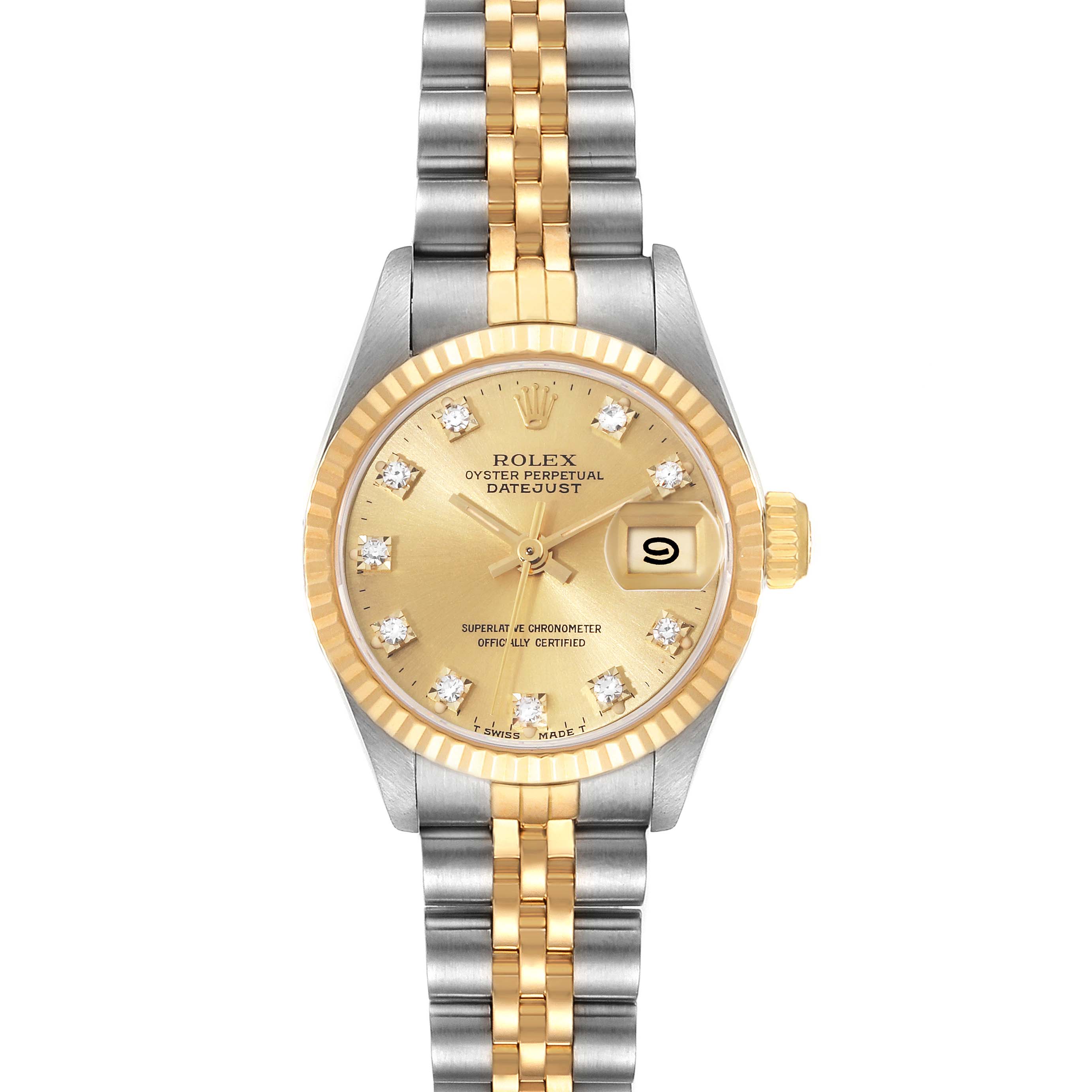 The image shows a Rolex Datejust 69173 Women's Steel and Gold (two tone) Champagne Dial 69173 Women's Steel and Gold (two tone) Champagne Dial watch, displaying its face, bezel, crown, and bracelet from a top-down angle.