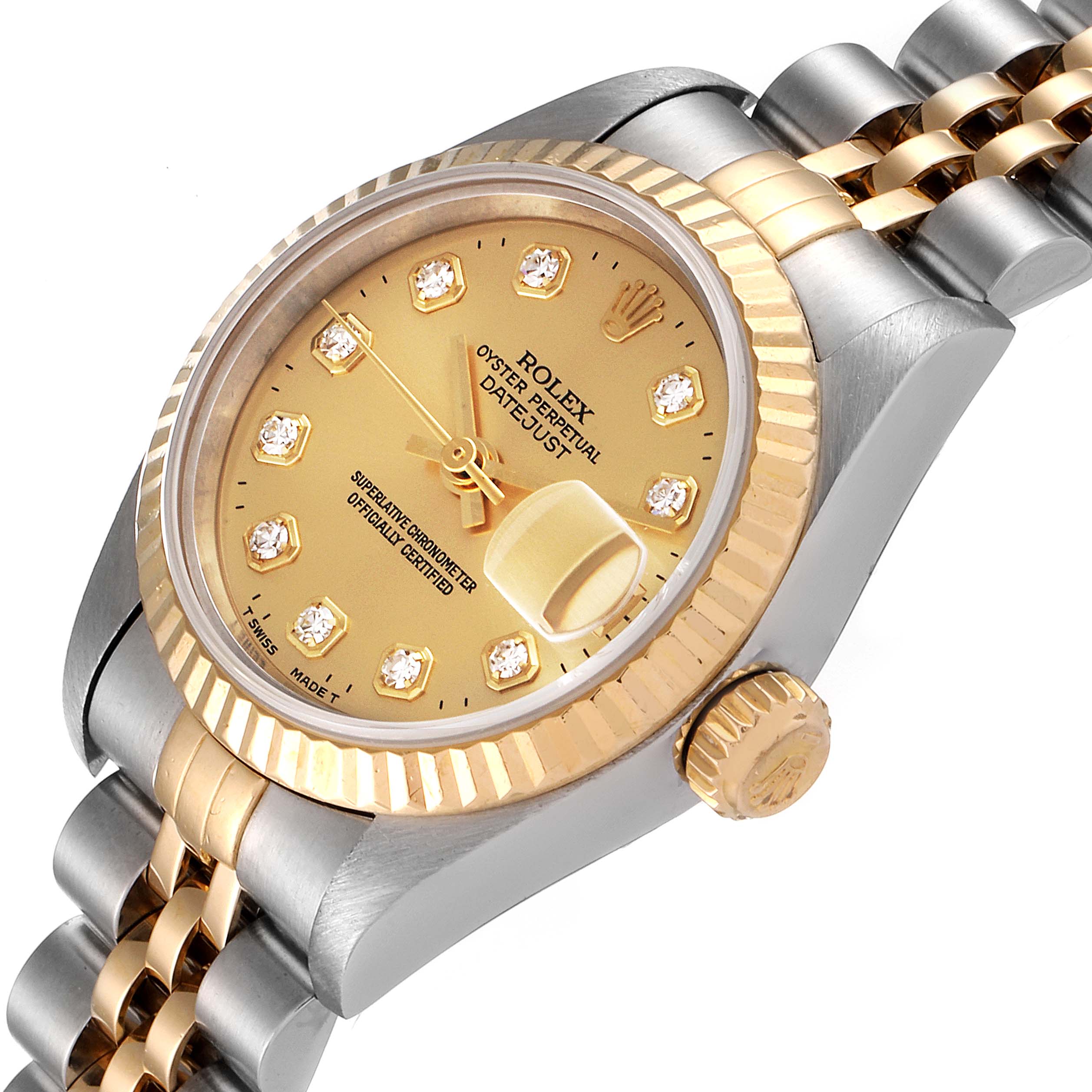 The image shows a Rolex Datejust 79173 Women's Steel and Gold (two tone) Champagne Dial 79173 Women's Steel and Gold (two tone) Champagne Dial watch at a three-quarter angle, highlighting its dial, bezel, crown, and part of the bracelet.