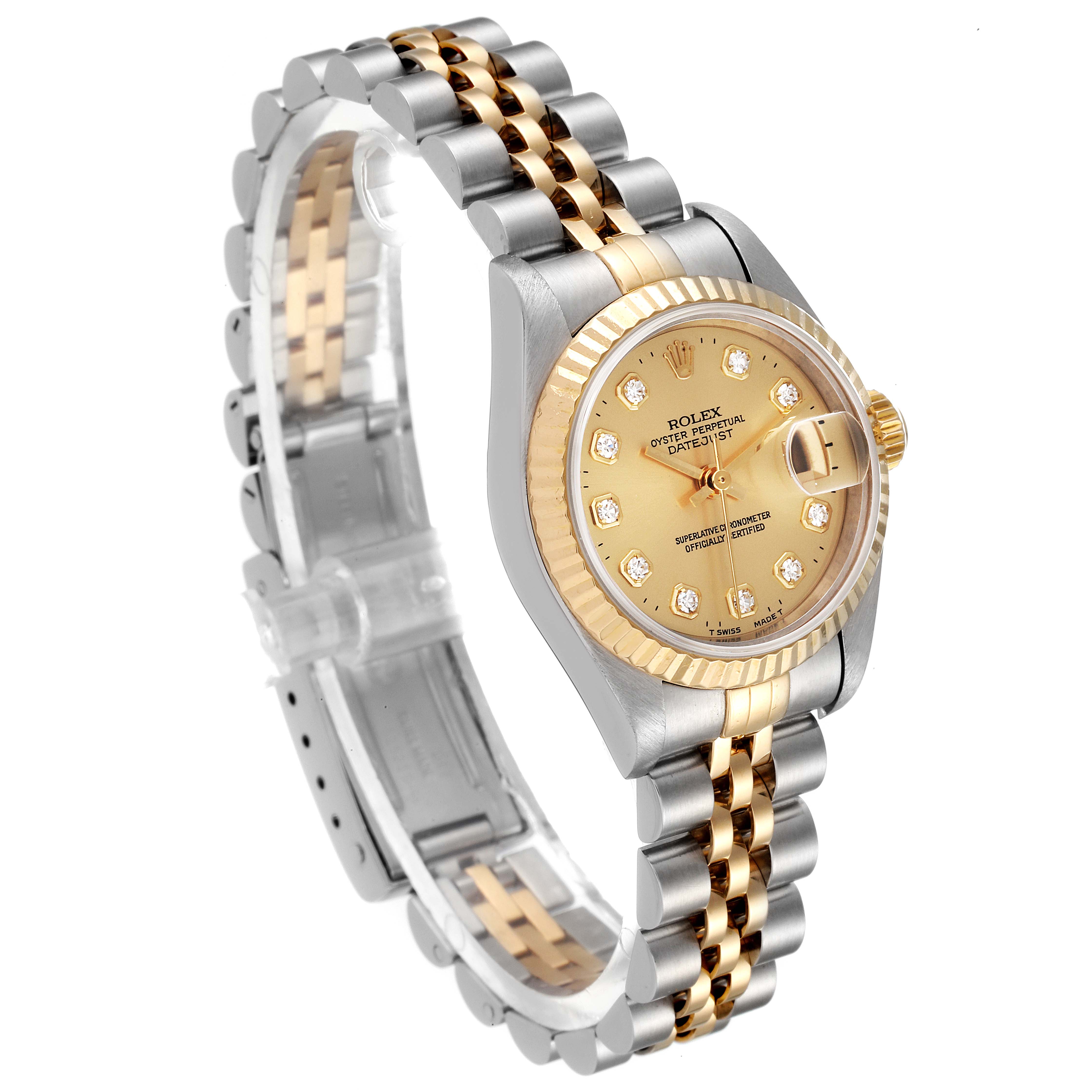 The photo shows a Rolex Datejust 79173 Women's Steel and Gold (two tone) Champagne Dial 79173 Women's Steel and Gold (two tone) Champagne Dial watch from a 3/4 angle, highlighting the dial, case, and Jubilee bracelet.