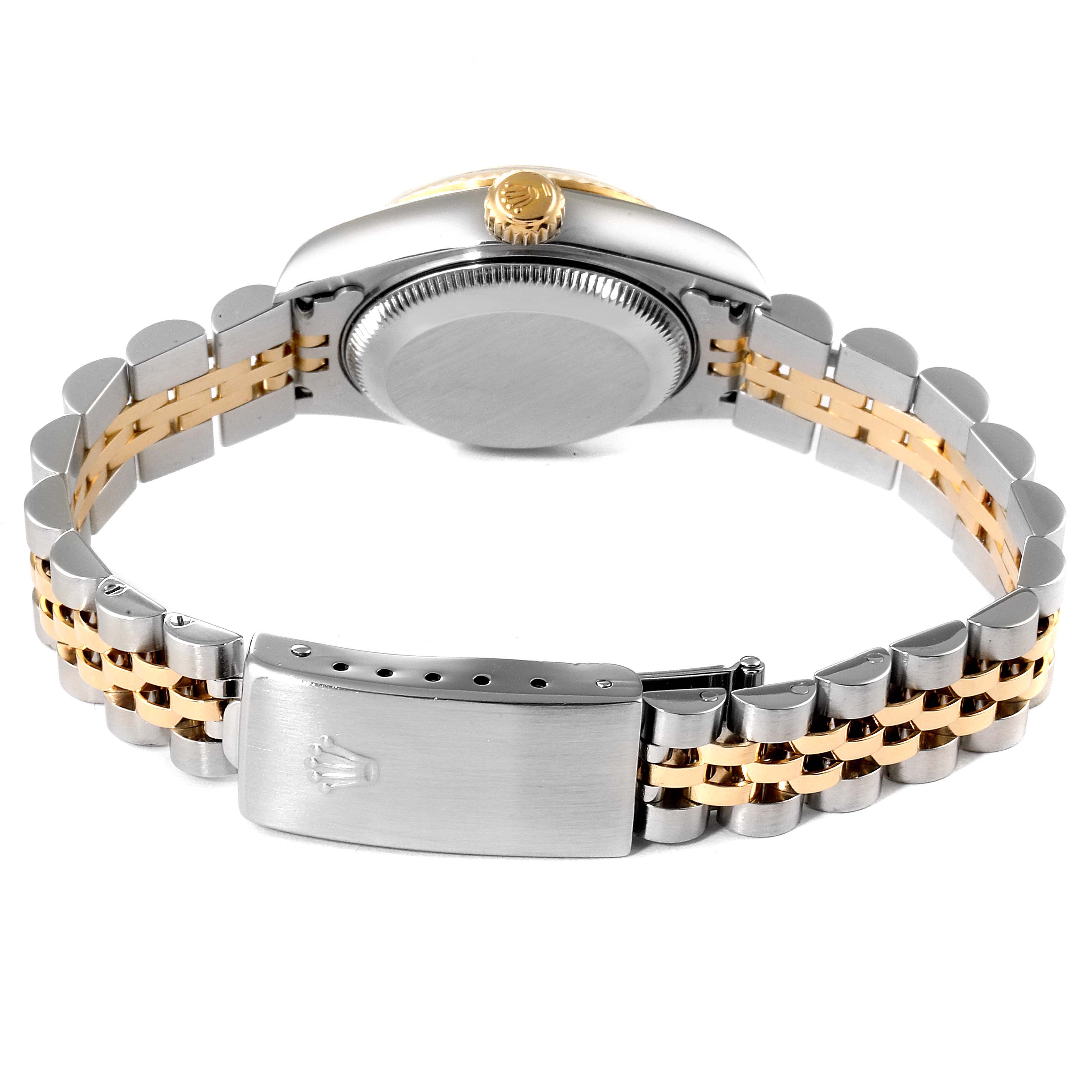 The image shows the back view of a Rolex Datejust 79173 Women's Steel and Gold (two tone) Champagne Dial 79173 Women's Steel and Gold (two tone) Champagne Dial watch, highlighting the case, crown, and two-tone bracelet with the clasp.