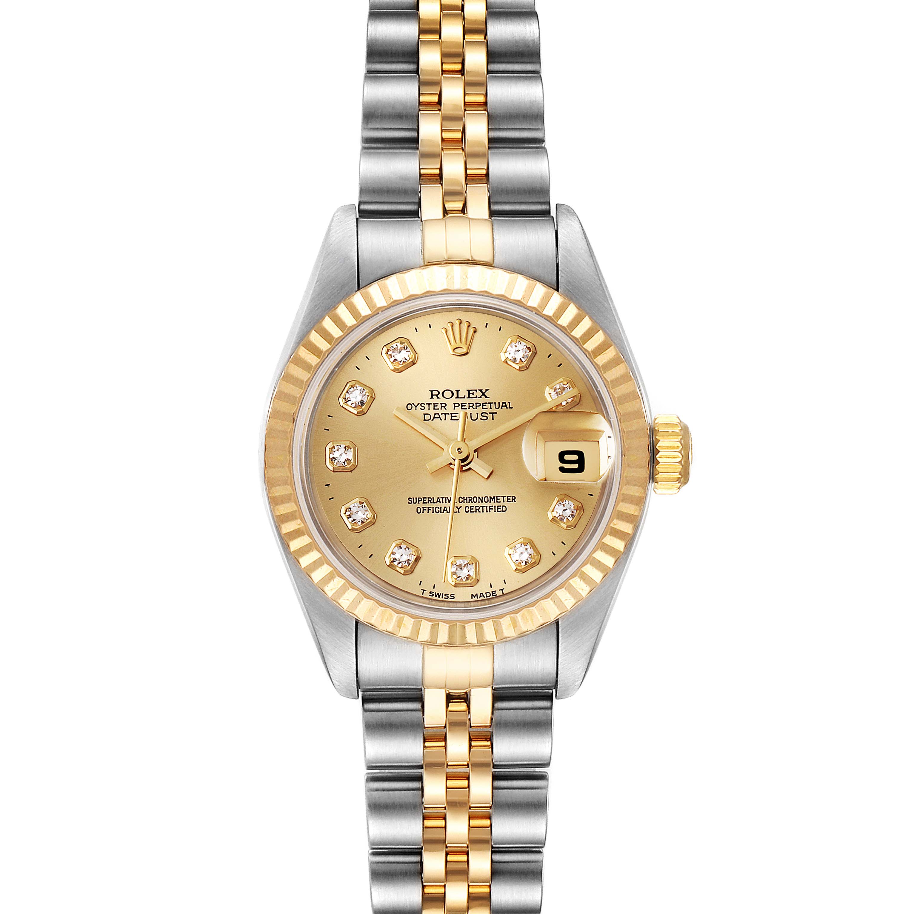 This Rolex Datejust 79173 Women's Steel and Gold (two tone) Champagne Dial 79173 Women's Steel and Gold (two tone) Champagne Dial watch is shown from a front angle, highlighting its gold dial, diamond hour markers, date function, and two-tone bracelet.