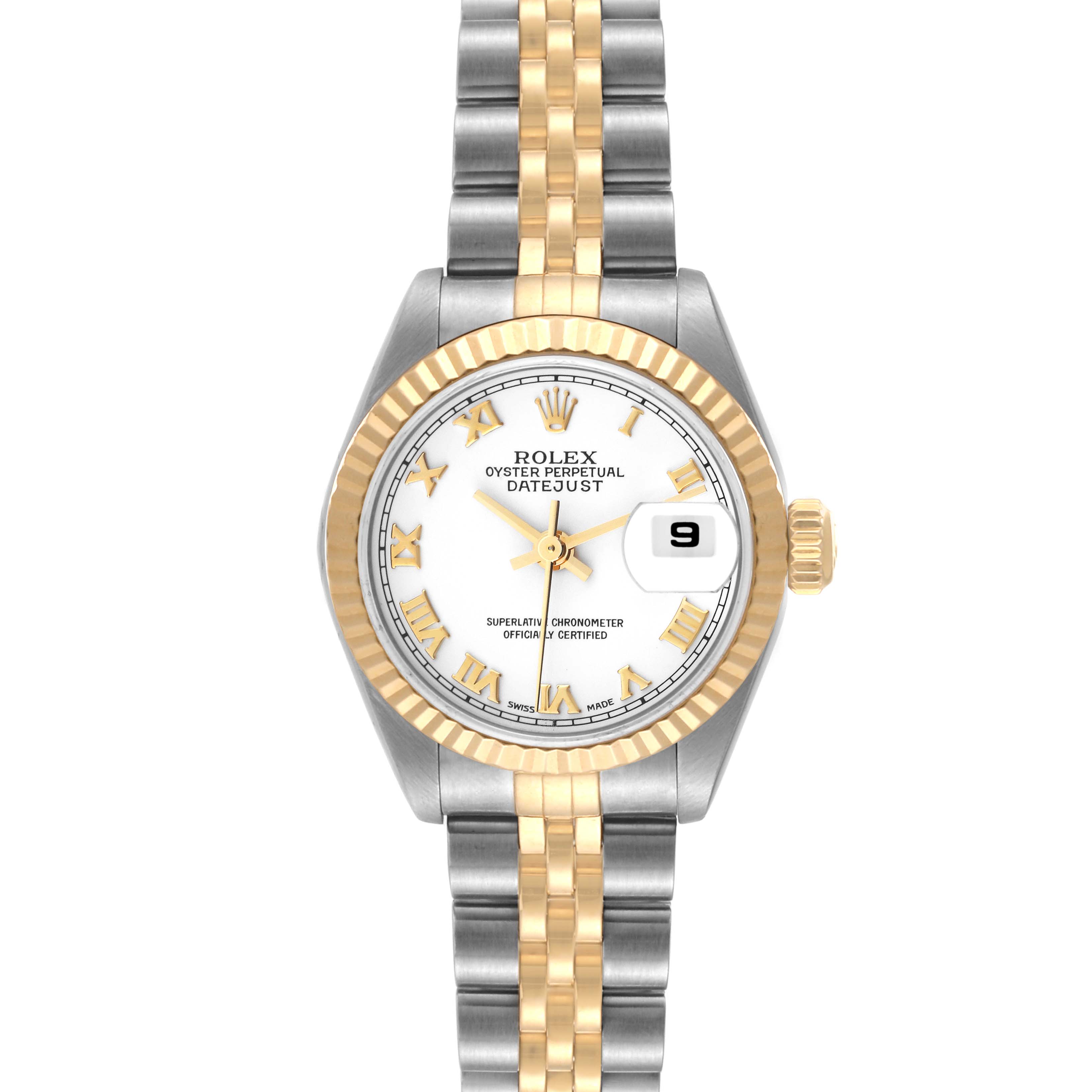 This image shows a Rolex Datejust 79173 Women's Steel and Gold (two tone) White Dial 79173 Women's Steel and Gold (two tone) White Dial watch from the front, highlighting the dial, date window, fluted bezel, and jubilee bracelet.
