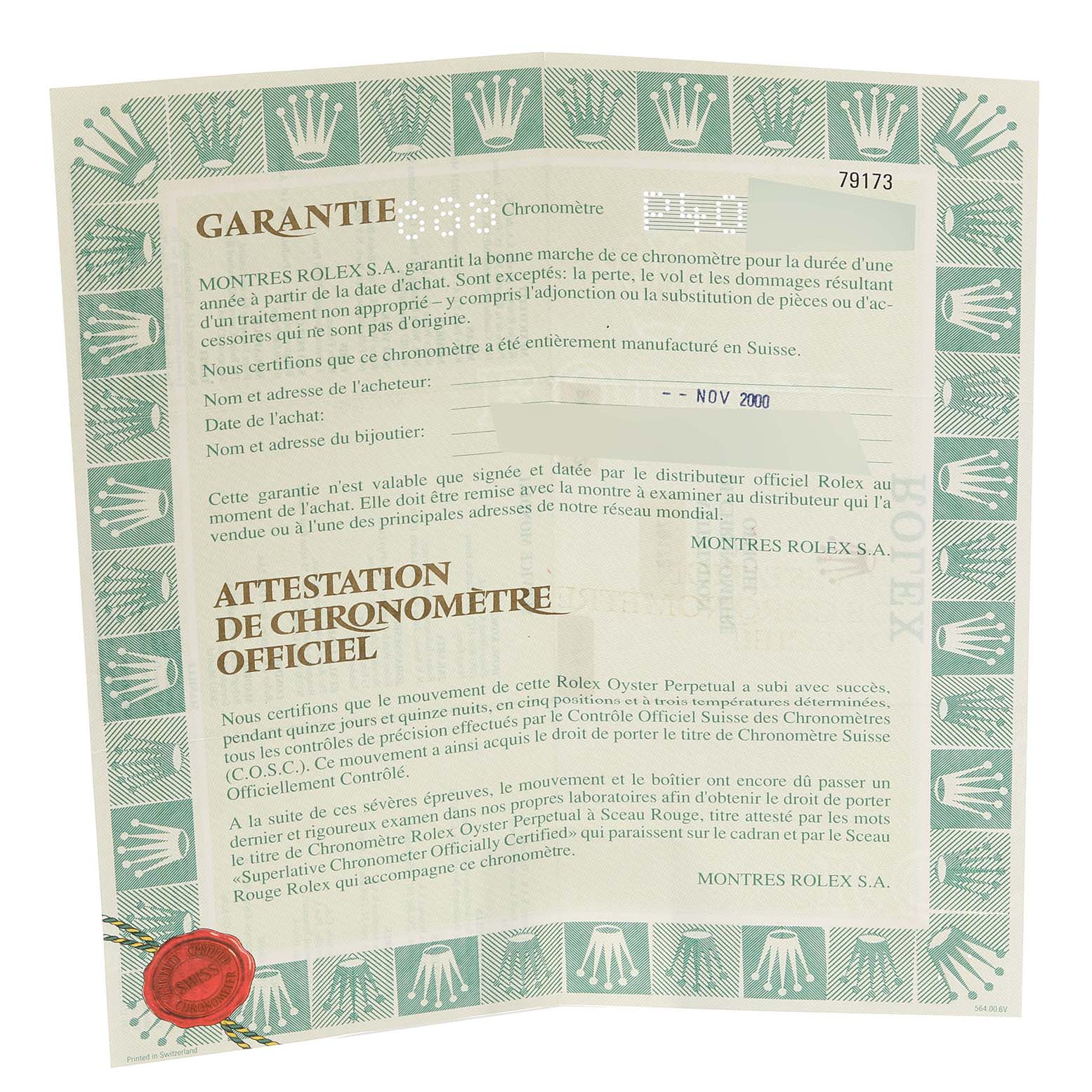 The image shows a Warranty Certificate for the Rolex Datejust 79173 Women's Steel and Gold (two tone) White Dial 79173 Women's Steel and Gold (two tone) White Dial model, including official validation details.