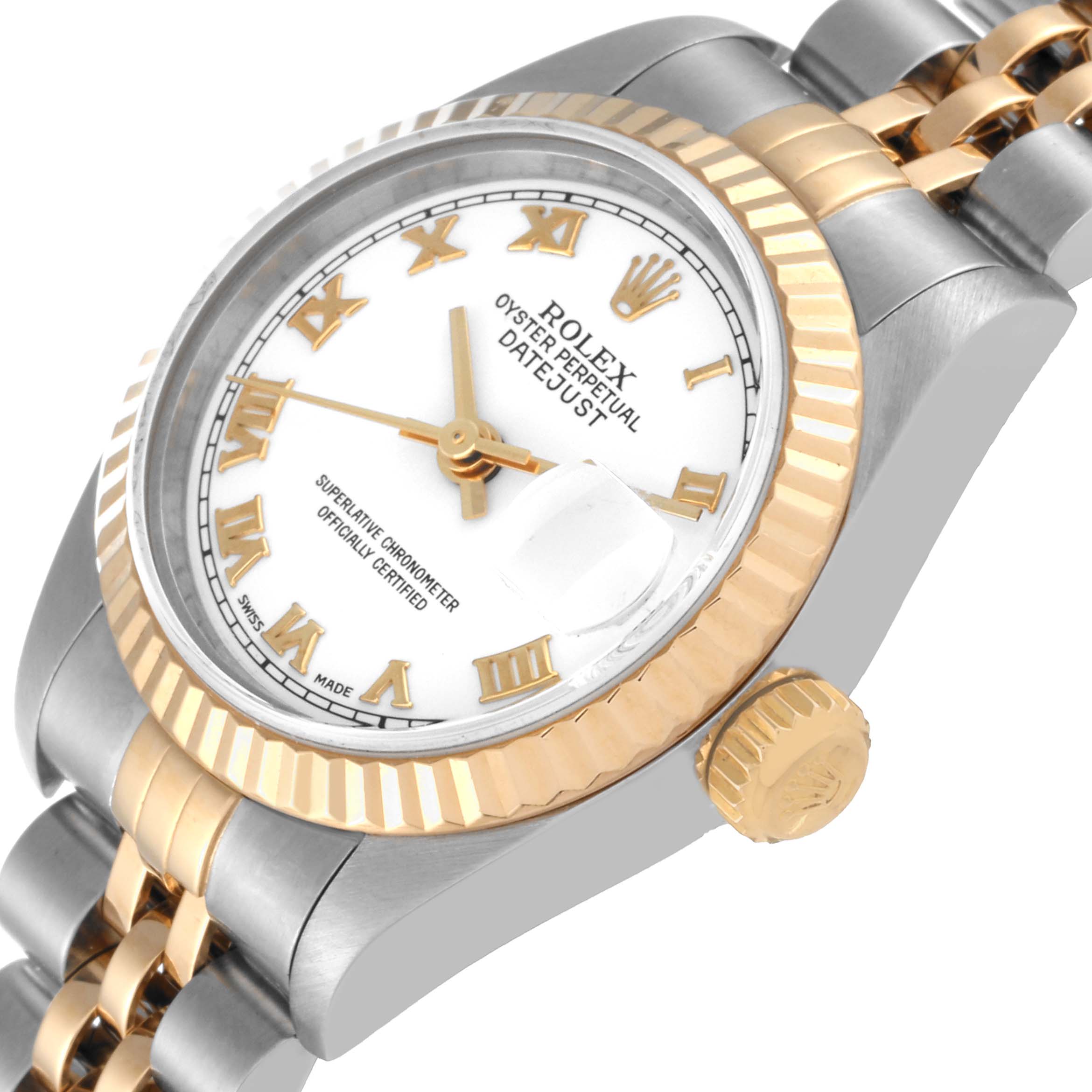 This image shows a close-up angle of the Rolex Datejust 79173 Women's Steel and Gold (two tone) White Dial 79173 Women's Steel and Gold (two tone) White Dial watch, highlighting the face, bezel, crown, and part of the bracelet.
