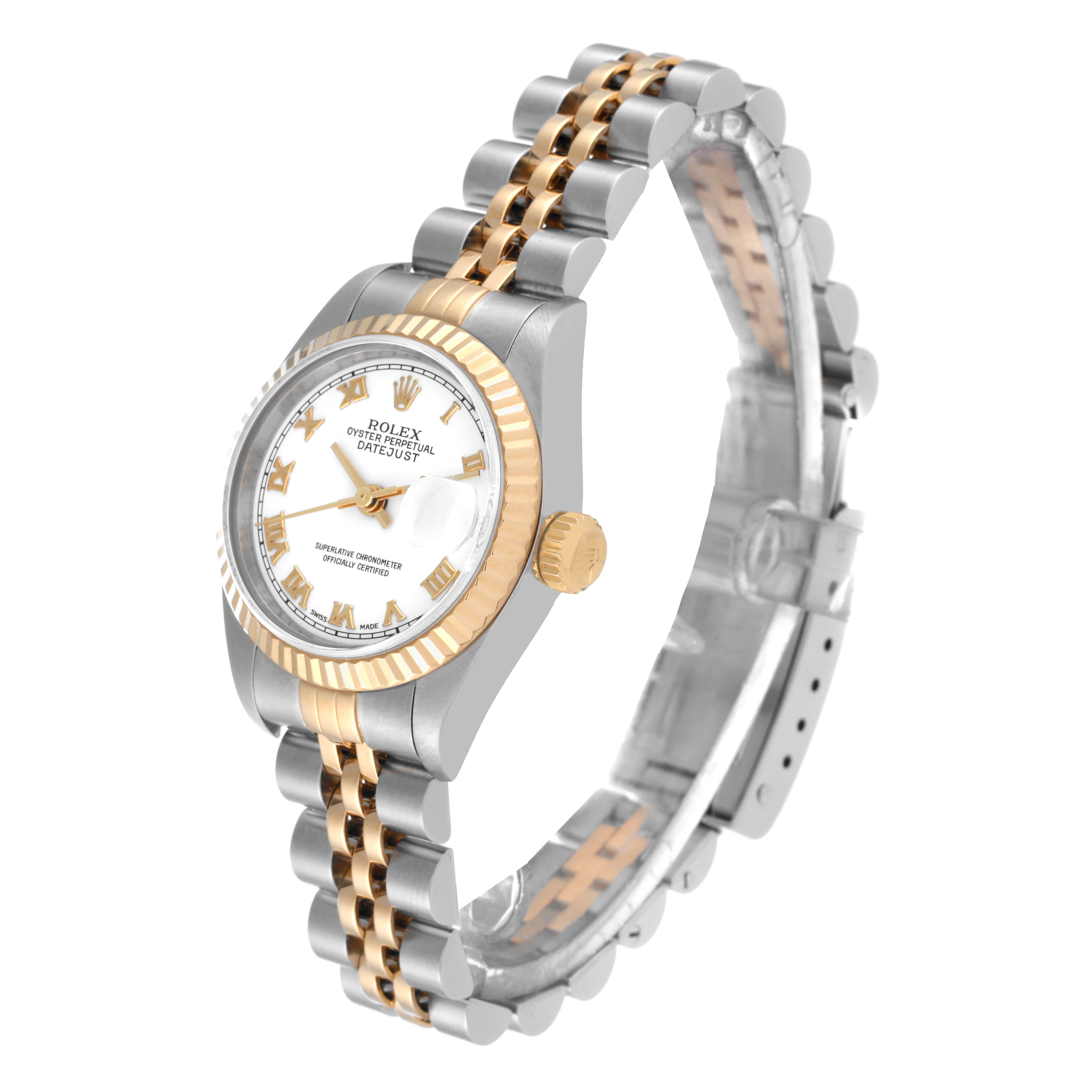 The Rolex Datejust 79173 Women's Steel and Gold (two tone) White Dial 79173 Women's Steel and Gold (two tone) White Dial watch is shown at a three-quarter angle, highlighting its face, crown, and two-tone bracelet.
