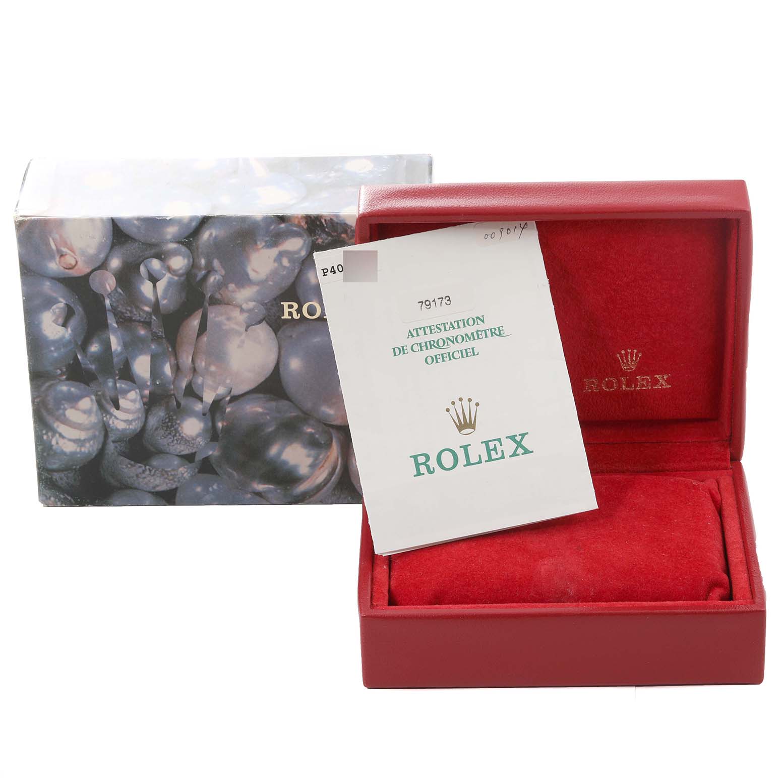 The image shows the packaging and certification for a Rolex Datejust 79173 Women's Steel and Gold (two tone) White Dial 79173 Women's Steel and Gold (two tone) White Dial watch, including a box and official certification document.