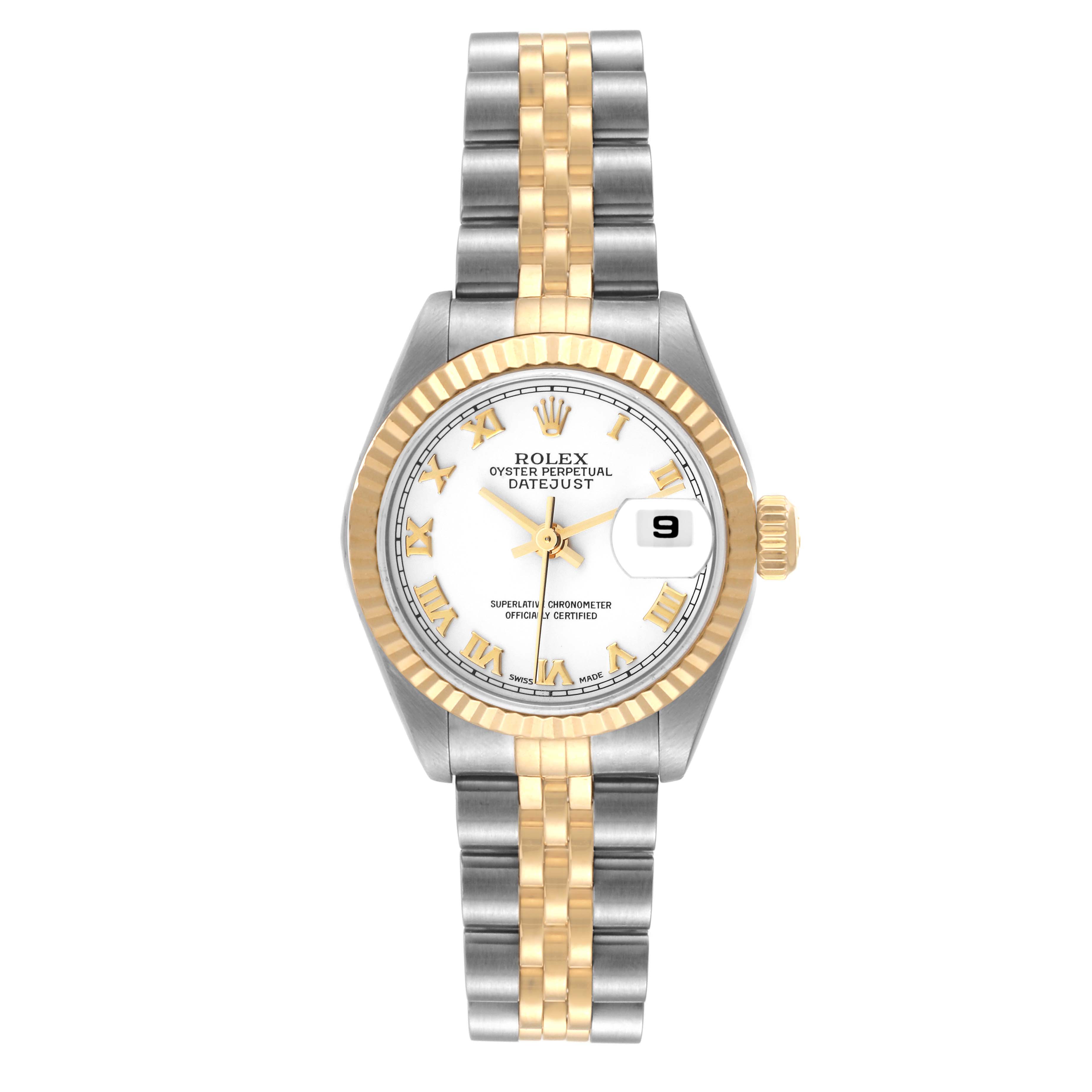 The image shows a front view of the Rolex Datejust 79173 Women's Steel and Gold (two tone) White Dial 79173 Women's Steel and Gold (two tone) White Dial watch displaying the dial, bezel, and bracelet.