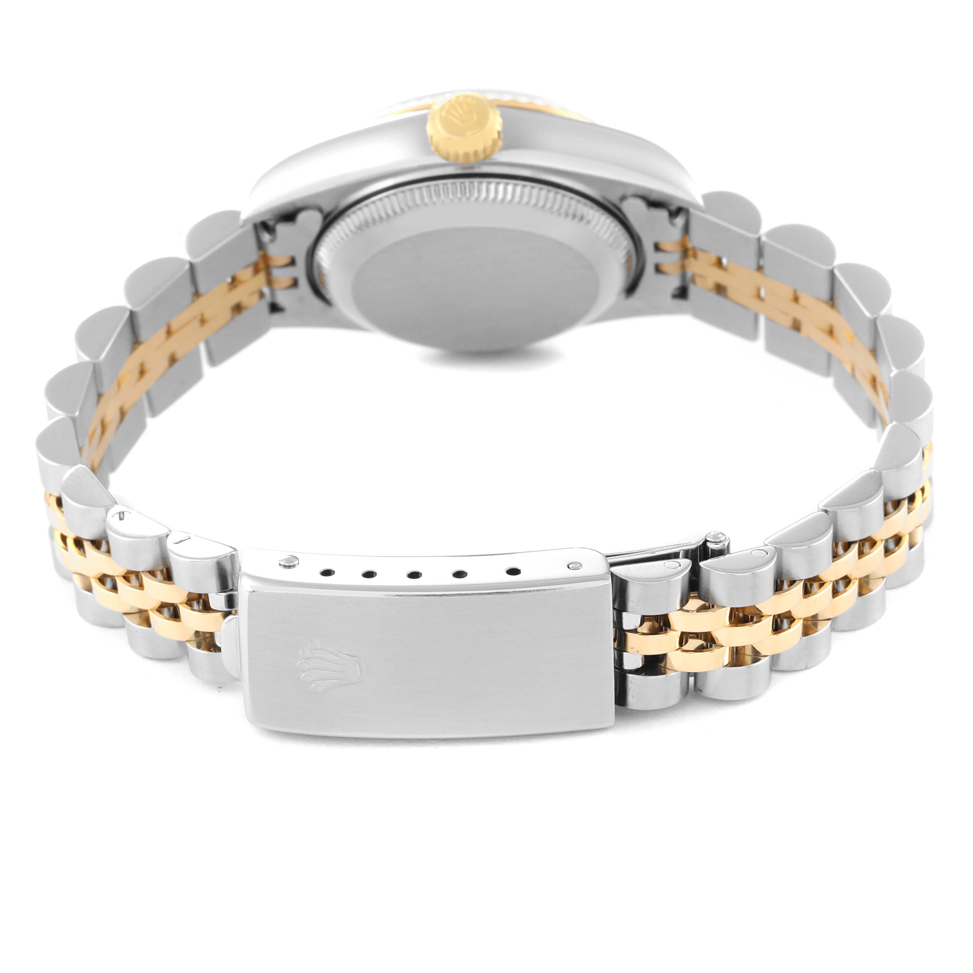 This image shows the back of a Rolex Datejust 79173 Women's Steel and Gold (two tone) White Dial 79173 Women's Steel and Gold (two tone) White Dial watch including the case back, crown, and two-toned bracelet clasp.