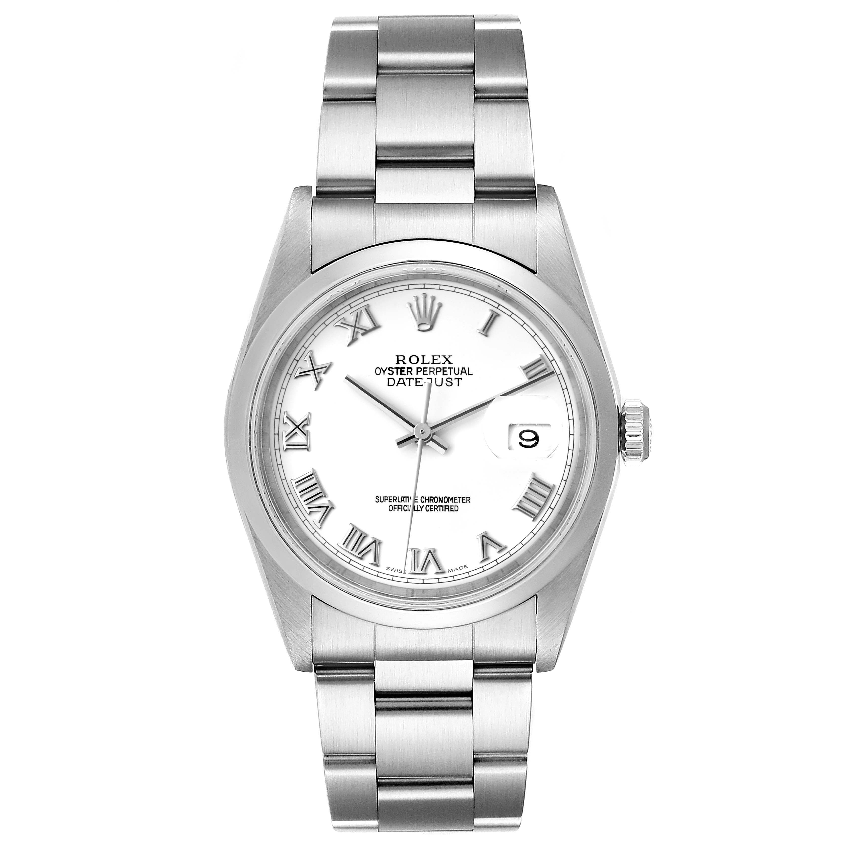 The image shows a front view of a Rolex Datejust 16200 Men's Stainless Steel White Dial 16200 Men's Stainless Steel White Dial watch, displaying its dial, bezel, bracelet, and crown.