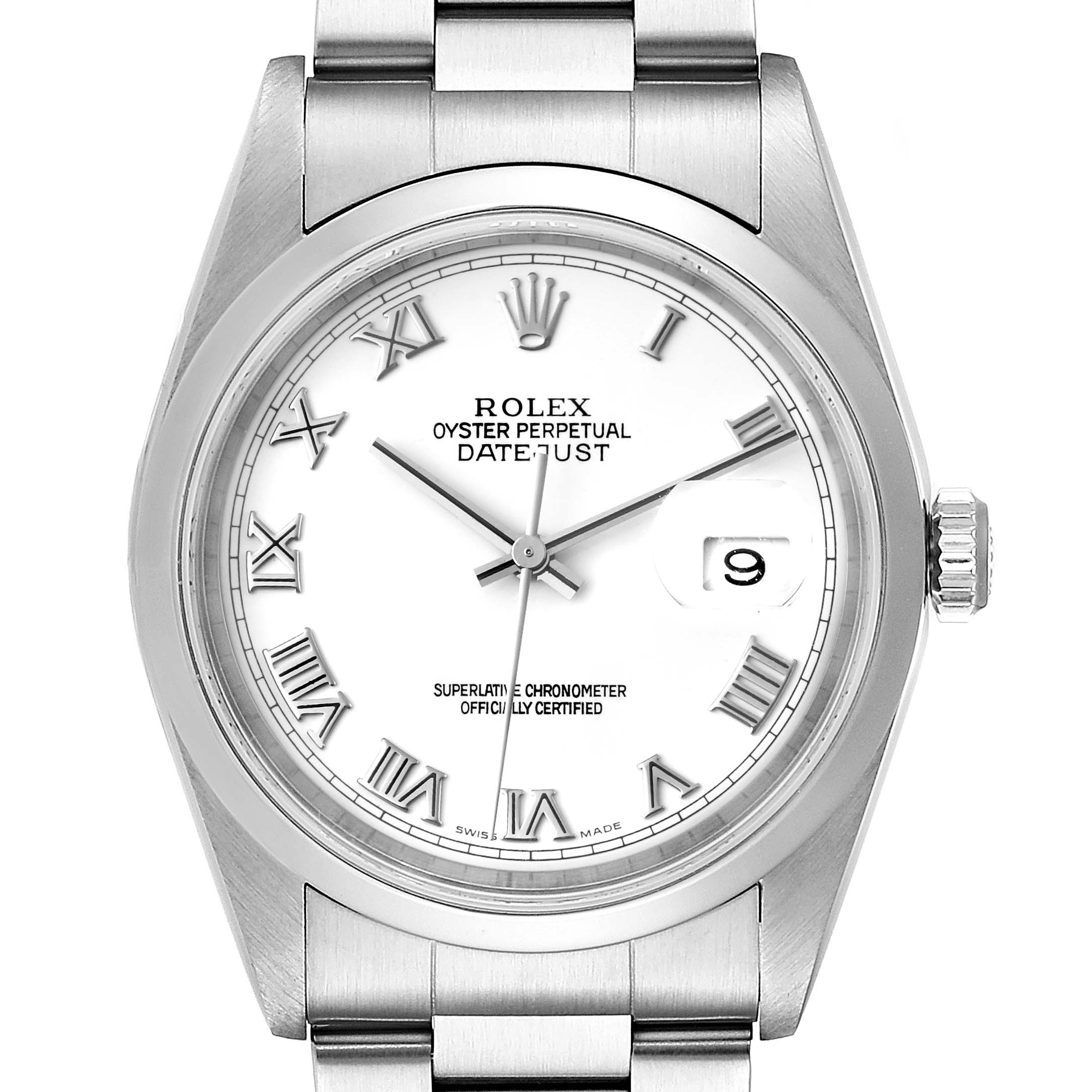 The image shows a front view of a Rolex Datejust 16200 Men's Stainless Steel White Dial 16200 Men's Stainless Steel White Dial watch, highlighting the dial, hands, date, and bracelet.