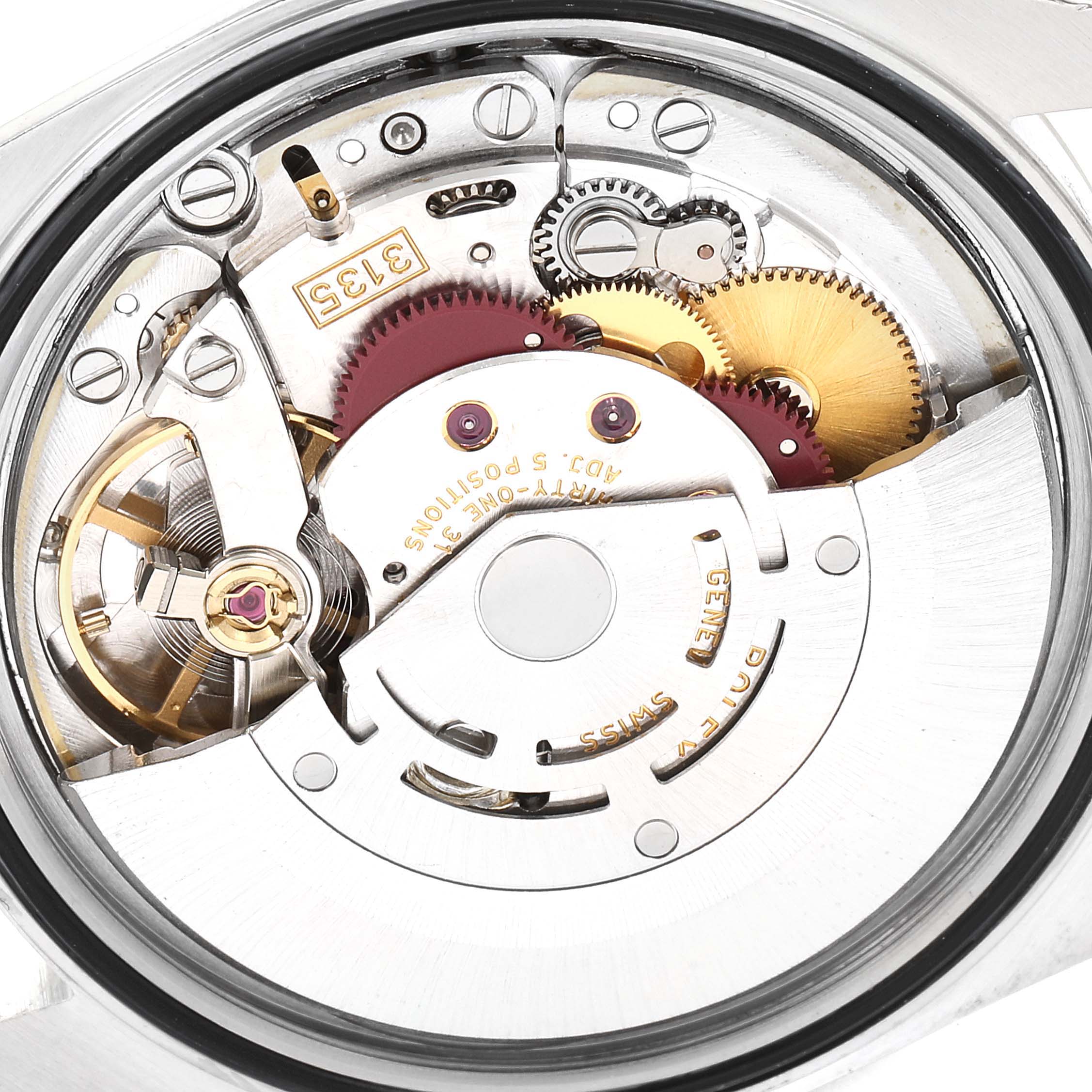 This image shows a close-up of the internal mechanism of a Rolex Datejust 16200 Men's Stainless Steel White Dial 16200 Men's Stainless Steel White Dial watch.