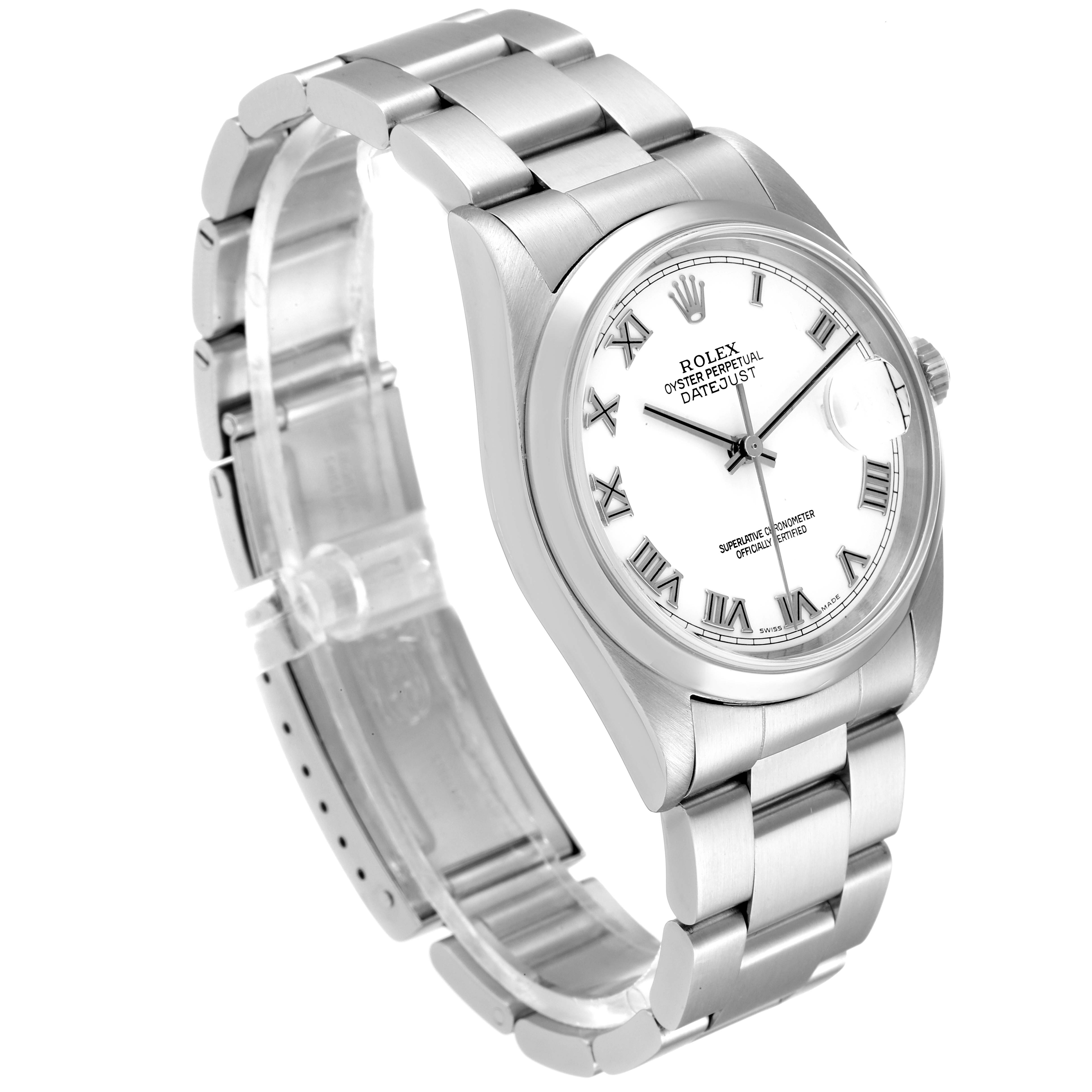 The image shows a side-angle view of a Rolex Datejust 16200 Men's Stainless Steel White Dial 16200 Men's Stainless Steel White Dial watch, highlighting the bracelet, case, dial, and crown.