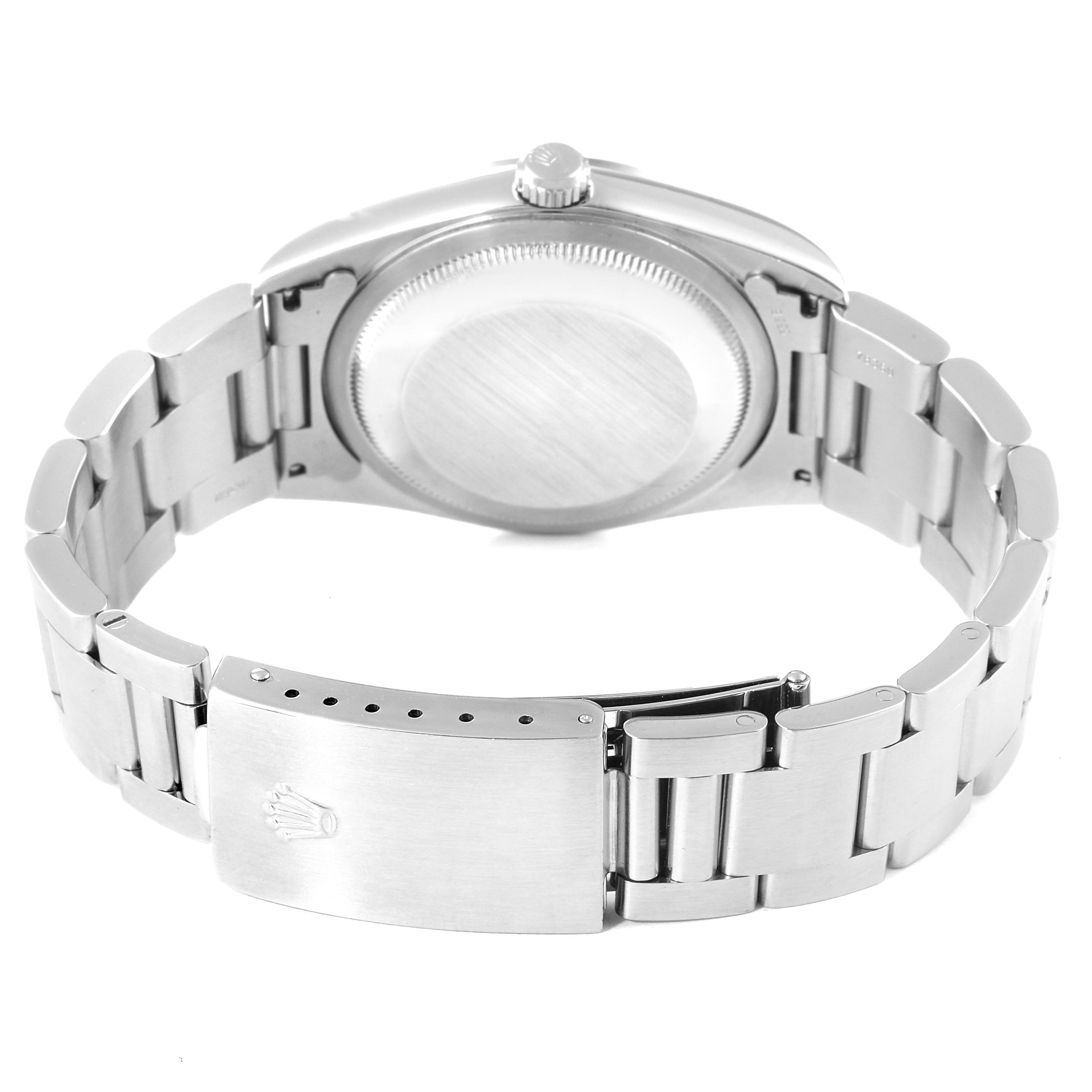 This image shows the back view of a Rolex Datejust 16200 Men's Stainless Steel White Dial 16200 Men's Stainless Steel White Dial watch, highlighting the caseback and bracelet clasp.