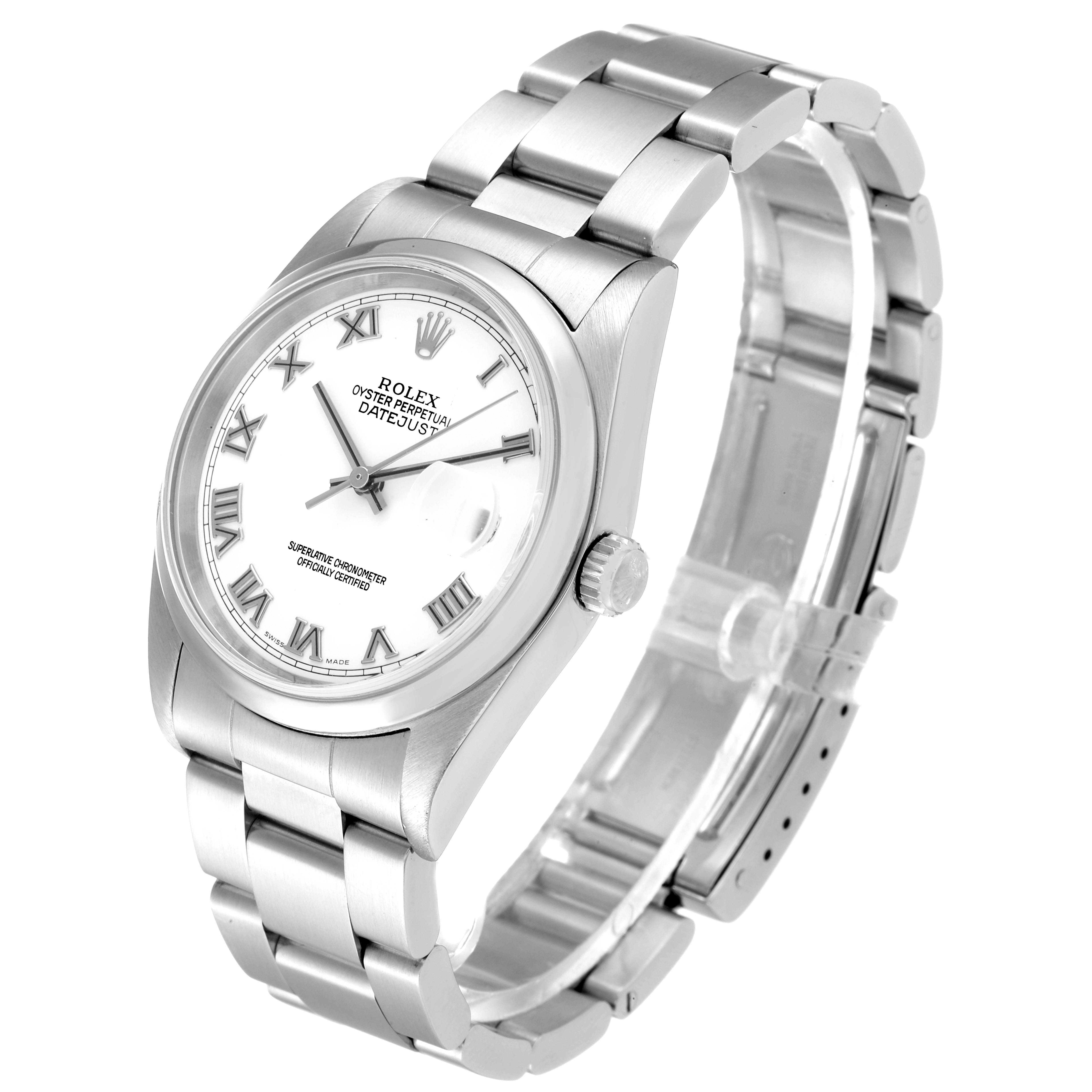 This image shows a Rolex Datejust 16200 Men's Stainless Steel White Dial 16200 Men's Stainless Steel White Dial watch from an angle that displays the watch face, bezel, crown, and part of the bracelet band.