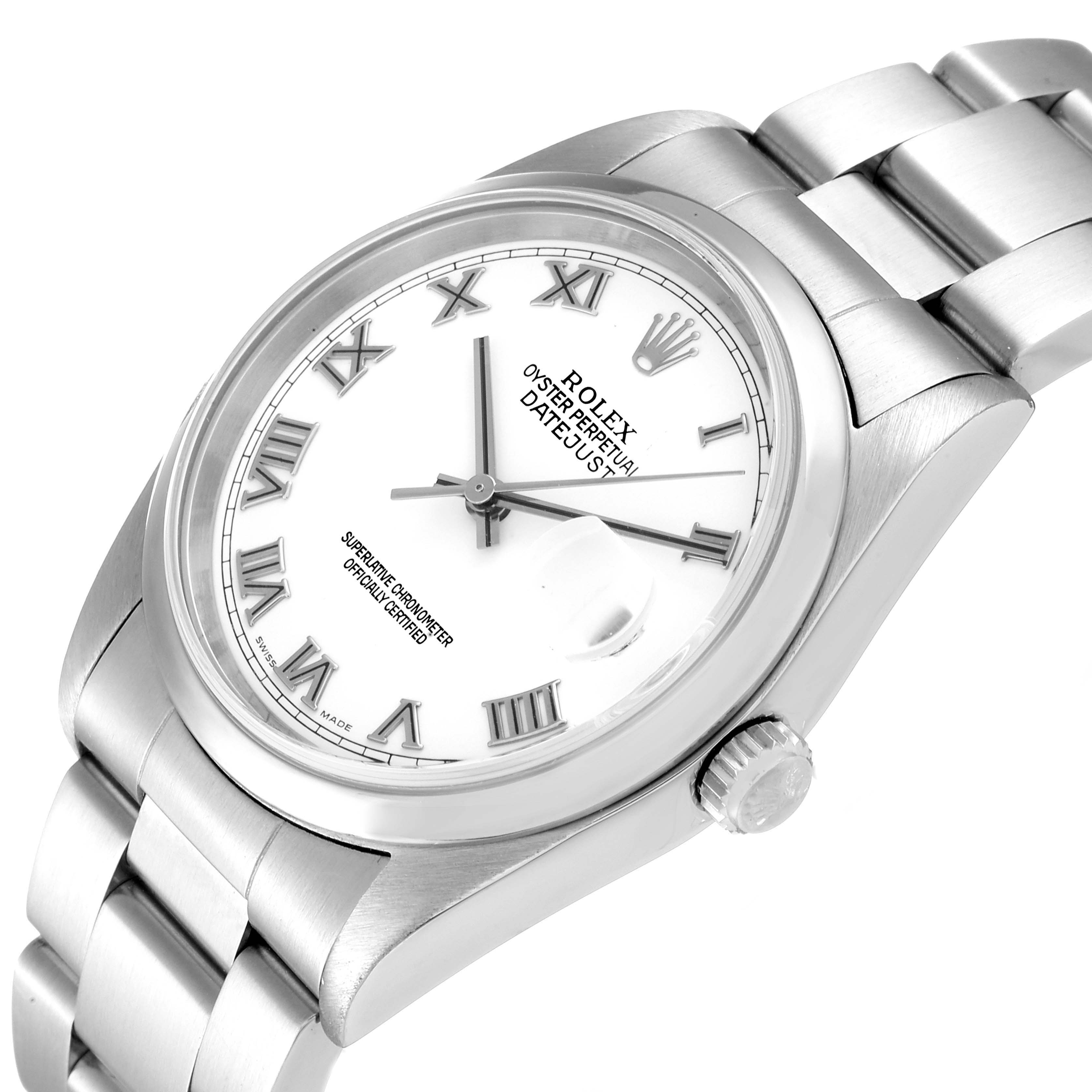 The image shows a top view of a Rolex Datejust 16200 Men's Stainless Steel White Dial 16200 Men's Stainless Steel White Dial watch, highlighting the white dial, Roman numerals, and stainless steel bracelet.