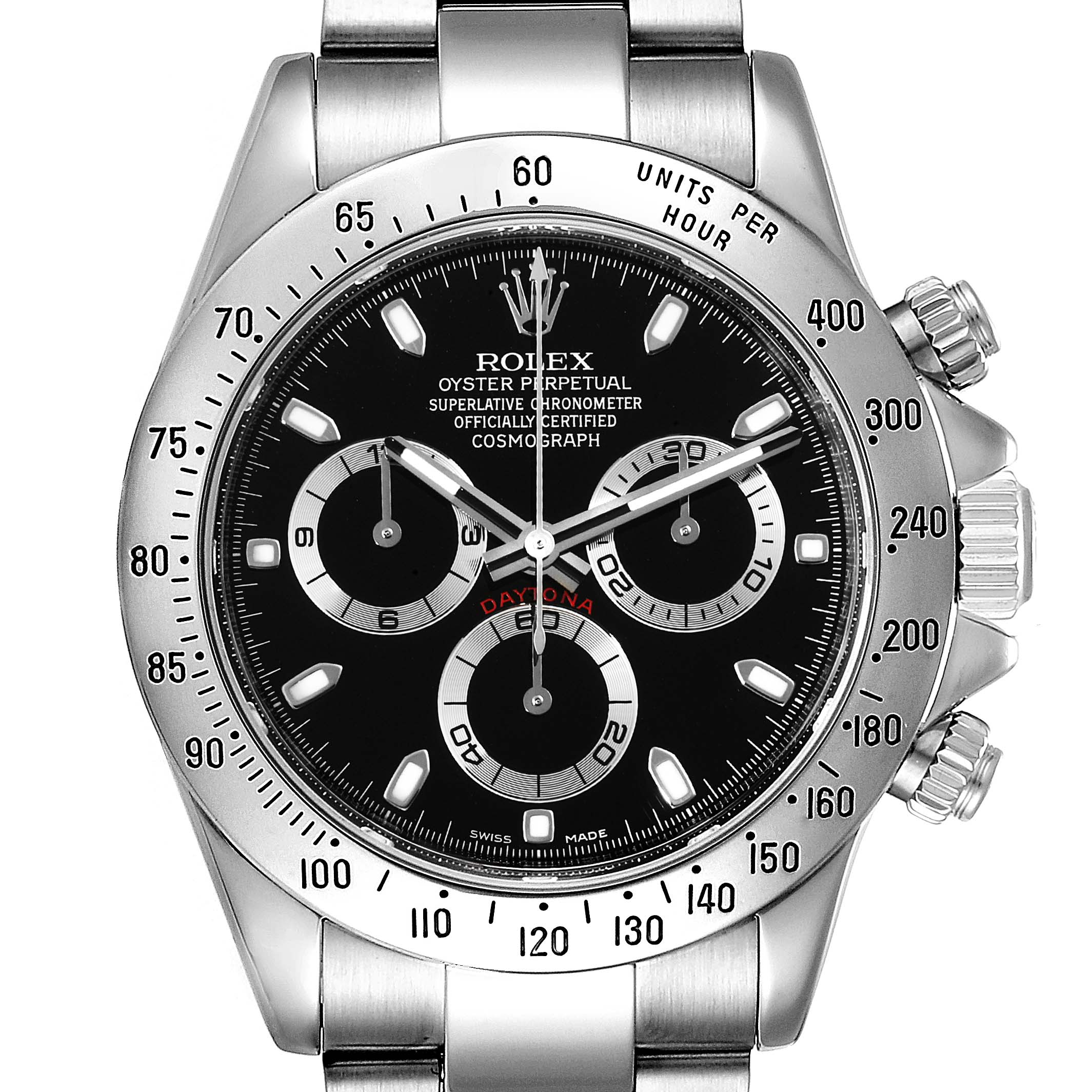 This image shows a front view of the Rolex Daytona 116520 Men
s Stainless Steel Black Dial 116520 Men
s Stainless Steel Black Dial watch, detailing its face, bezel, and crown.