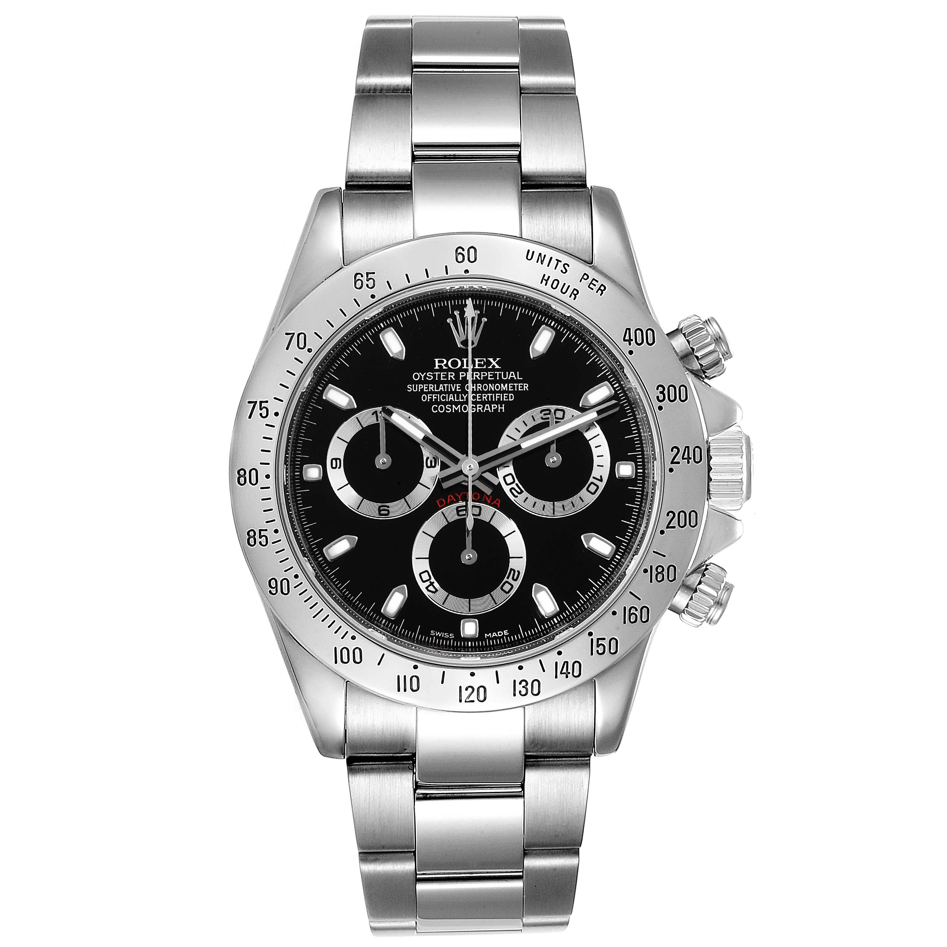 The image shows a front view of a Rolex Daytona 116520 Men
s Stainless Steel Black Dial 116520 Men
s Stainless Steel Black Dial watch, displaying the dial, bezel, bracelet, and chronograph pushers.