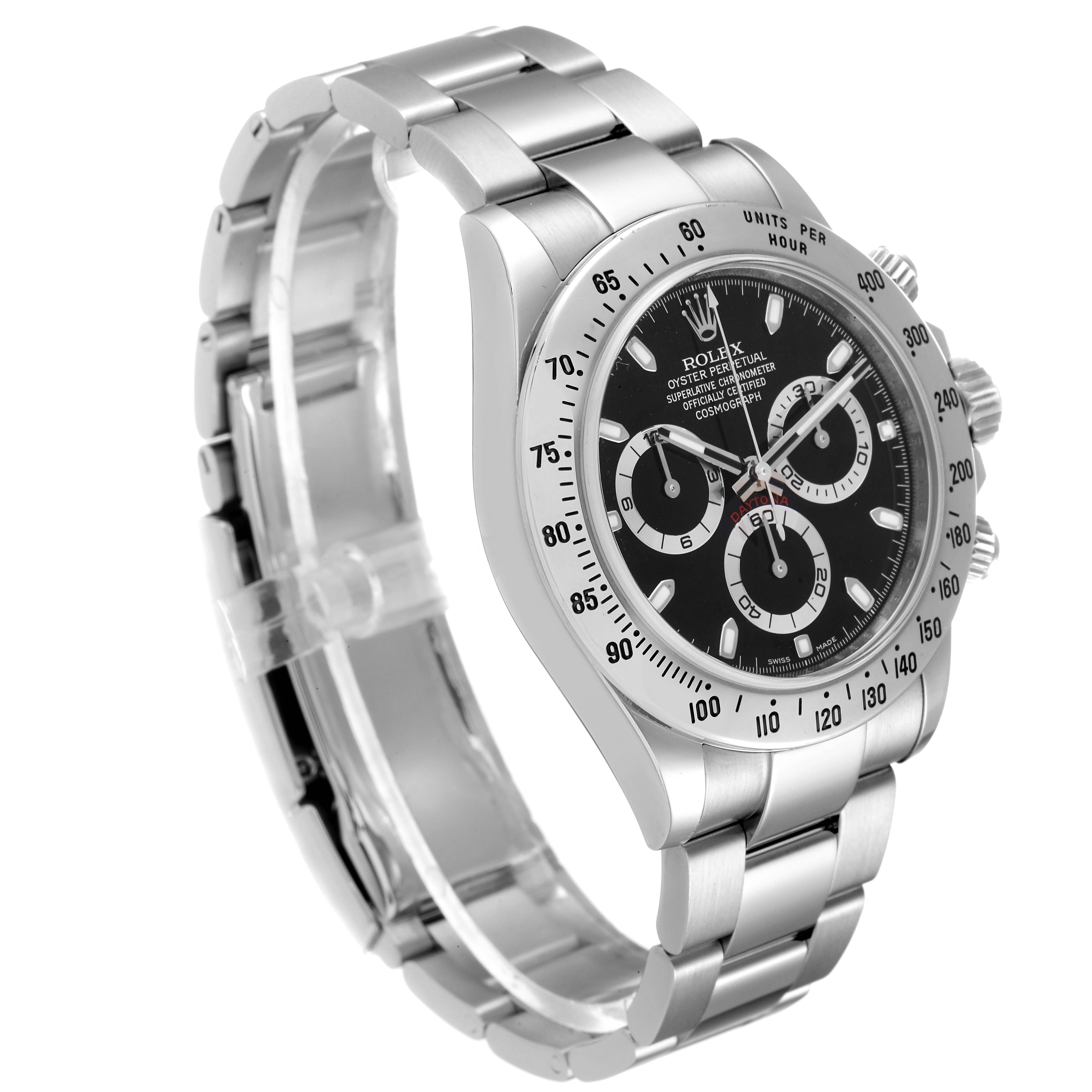 The image shows a side angle of a Rolex Daytona 116520 Men
s Stainless Steel Black Dial 116520 Men
s Stainless Steel Black Dial watch, highlighting its stainless steel bracelet, black dial, and bezel.