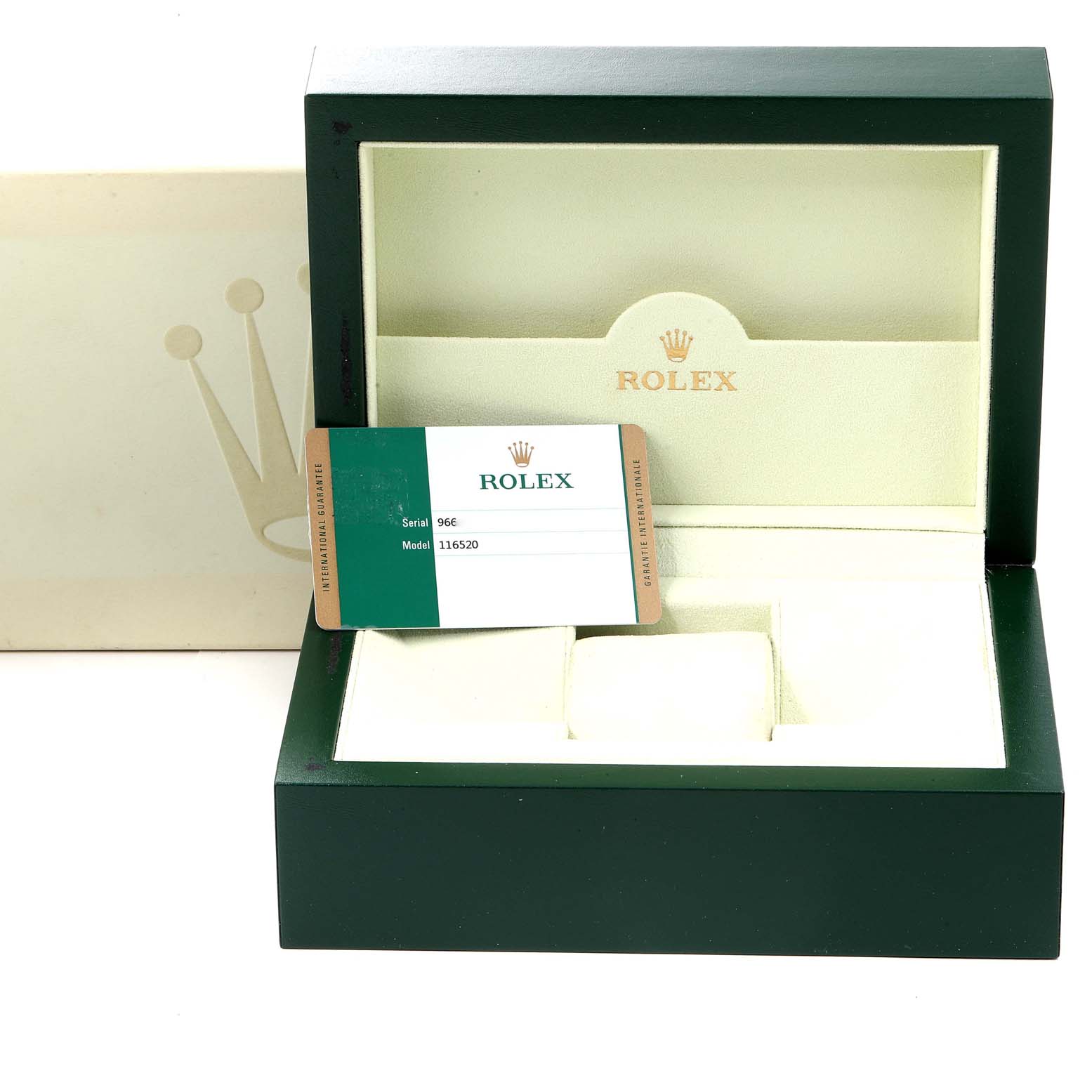 This image shows the open presentation box and Best Quality
ity card for a Rolex Daytona 116520 Men
s Stainless Steel Black Dial 116520 Men
s Stainless Steel Black Dial watch, model 116520.