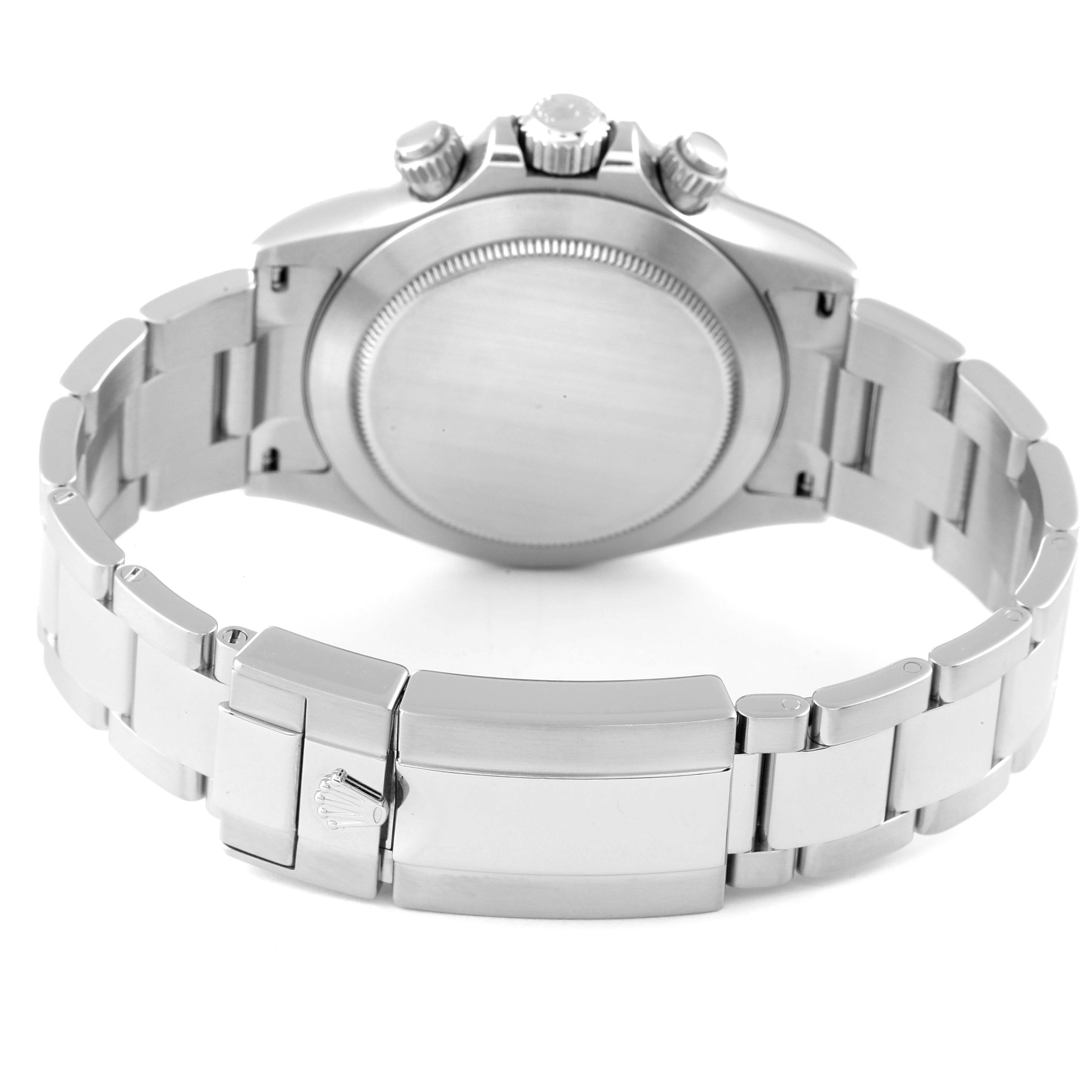 This image shows the back view of a Rolex Daytona 116520 Men
s Stainless Steel Black Dial 116520 Men
s Stainless Steel Black Dial watch, highlighting the case back, bracelet, and clasp.