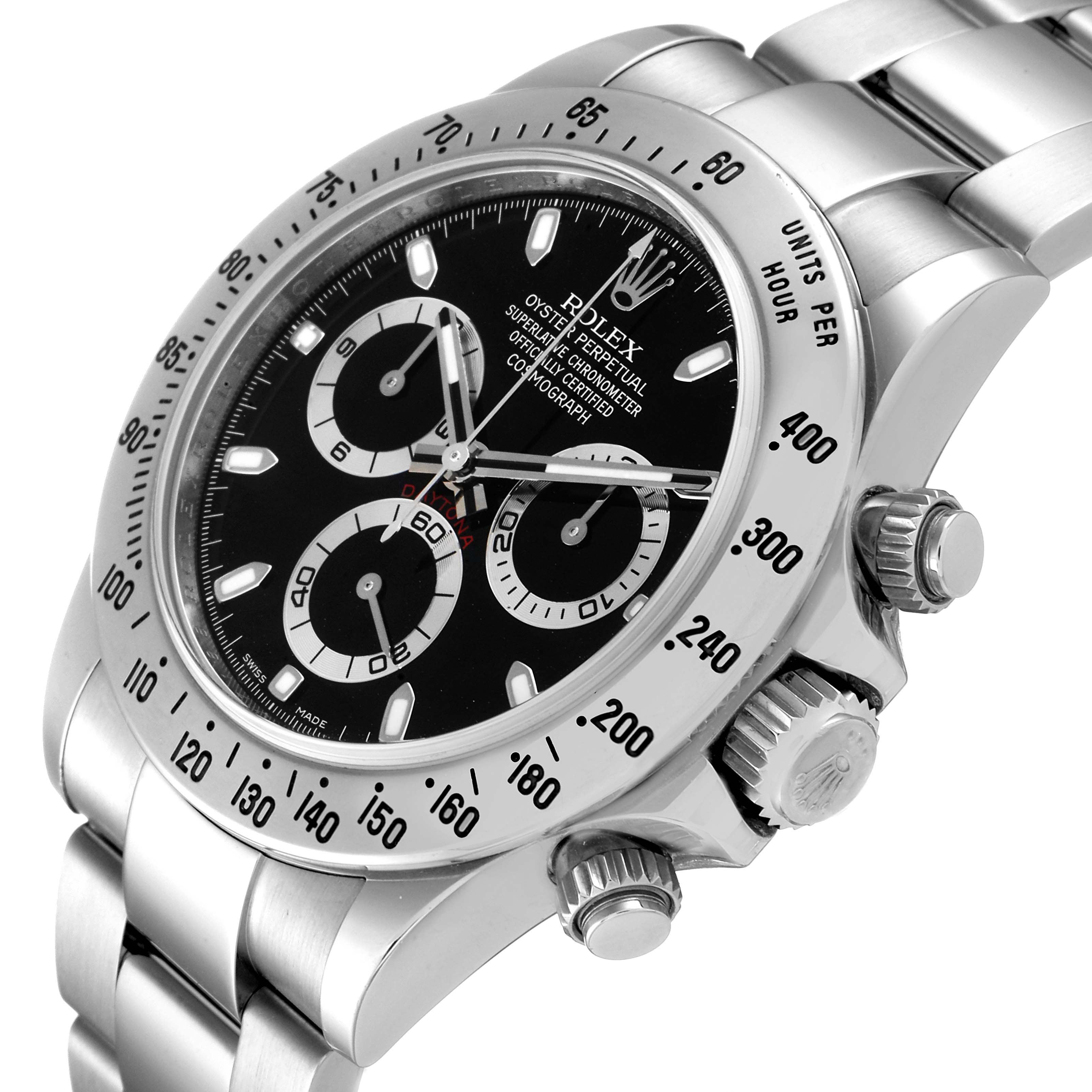 This image shows a side view of the Rolex Daytona 116520 Men
s Stainless Steel Black Dial 116520 Men
s Stainless Steel Black Dial watch highlighting its bezel, crown, and chronograph pushers.