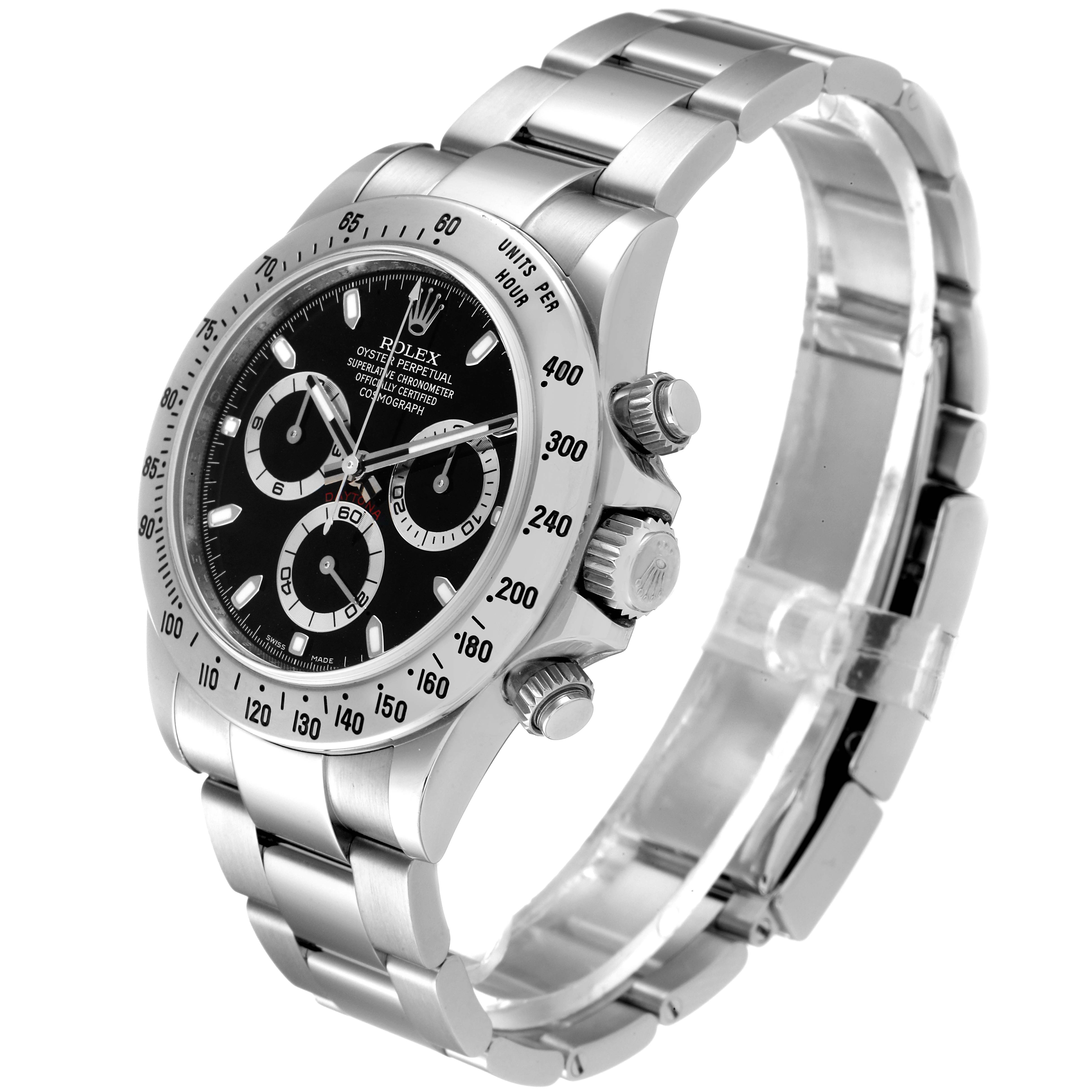 This Rolex Daytona 116520 Men
s Stainless Steel Black Dial 116520 Men
s Stainless Steel Black Dial watch is shown at a three-quarter angle, highlighting the face, bezel, crown, and bracelet.