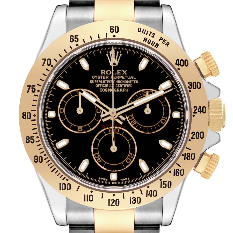 The image shows a frontal view of the Rolex Daytona watch, highlighting its gold bezel and black dial with subdials.