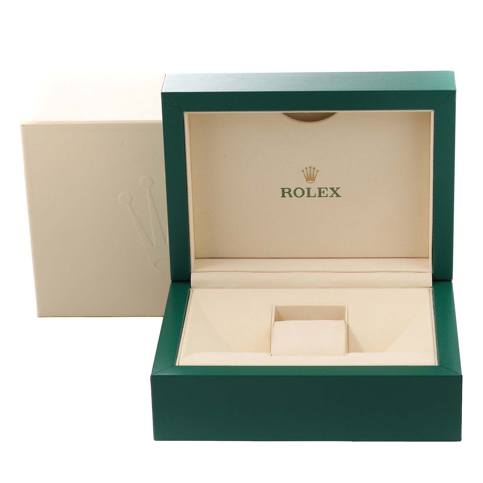 An empty Rolex Daytona 116523 Men's Steel and Gold (two tone) Blue Dial 116523 Men's Steel and Gold (two tone) Blue Dial watch box is shown, featuring green leather exterior and beige interior with the Rolex logo.
