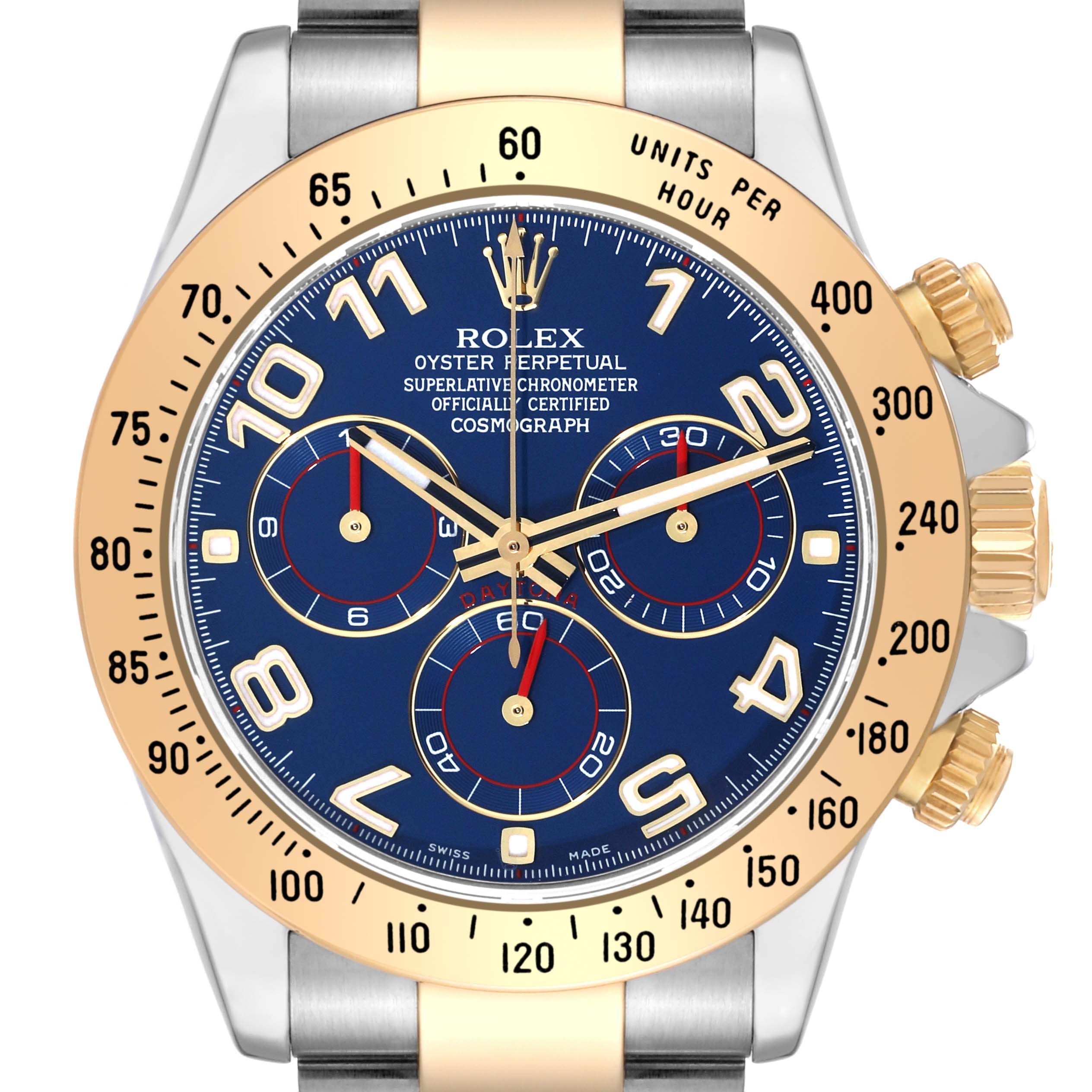 The image shows a front-facing angle of the Rolex Daytona 116523 Men's Steel and Gold (two tone) Blue Dial 116523 Men's Steel and Gold (two tone) Blue Dial watch's dial and bezel.