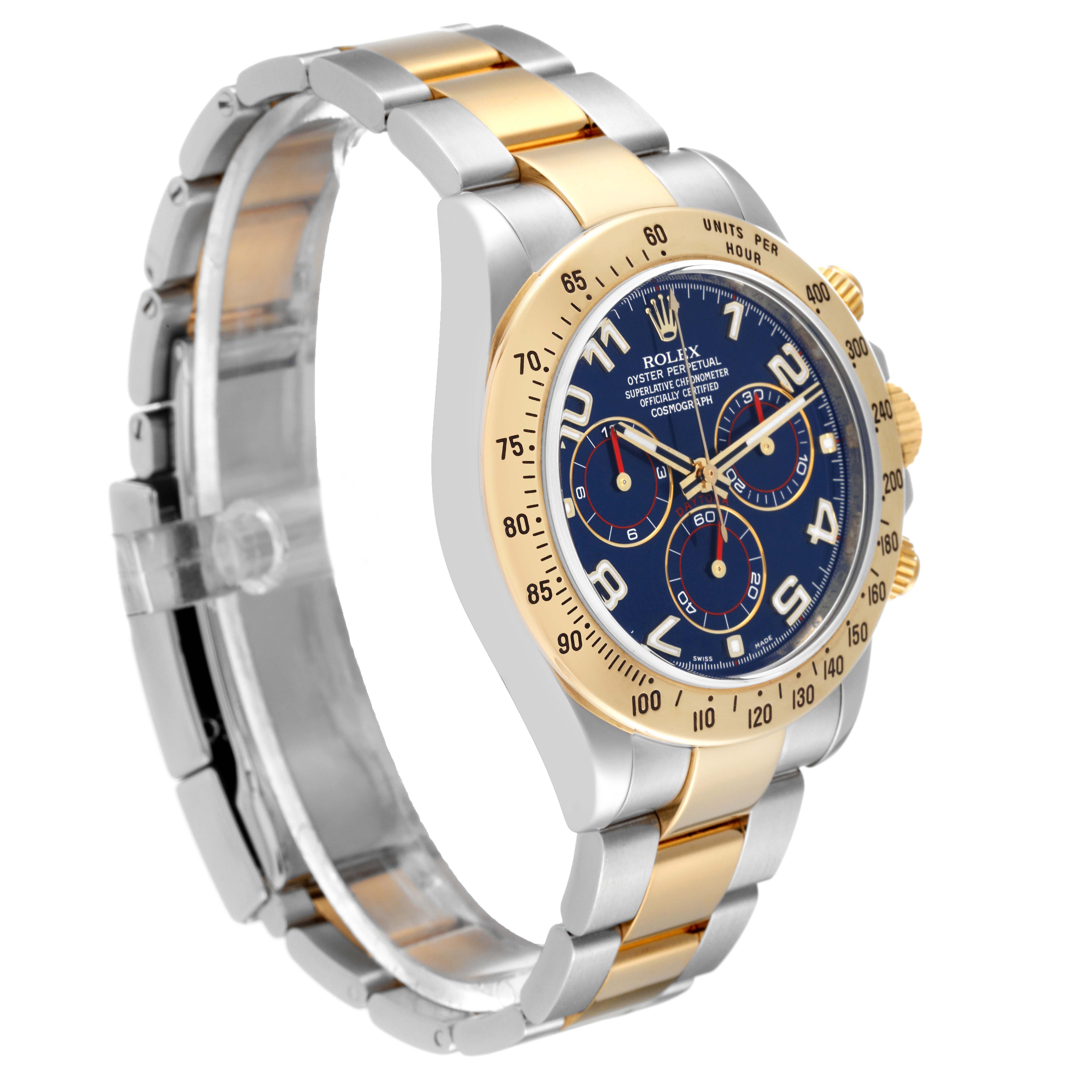 The Rolex Daytona 116523 Men's Steel and Gold (two tone) Blue Dial 116523 Men's Steel and Gold (two tone) Blue Dial watch is shown at a slight side angle, highlighting its gold and silver bracelet and black dial with three sub-dials.