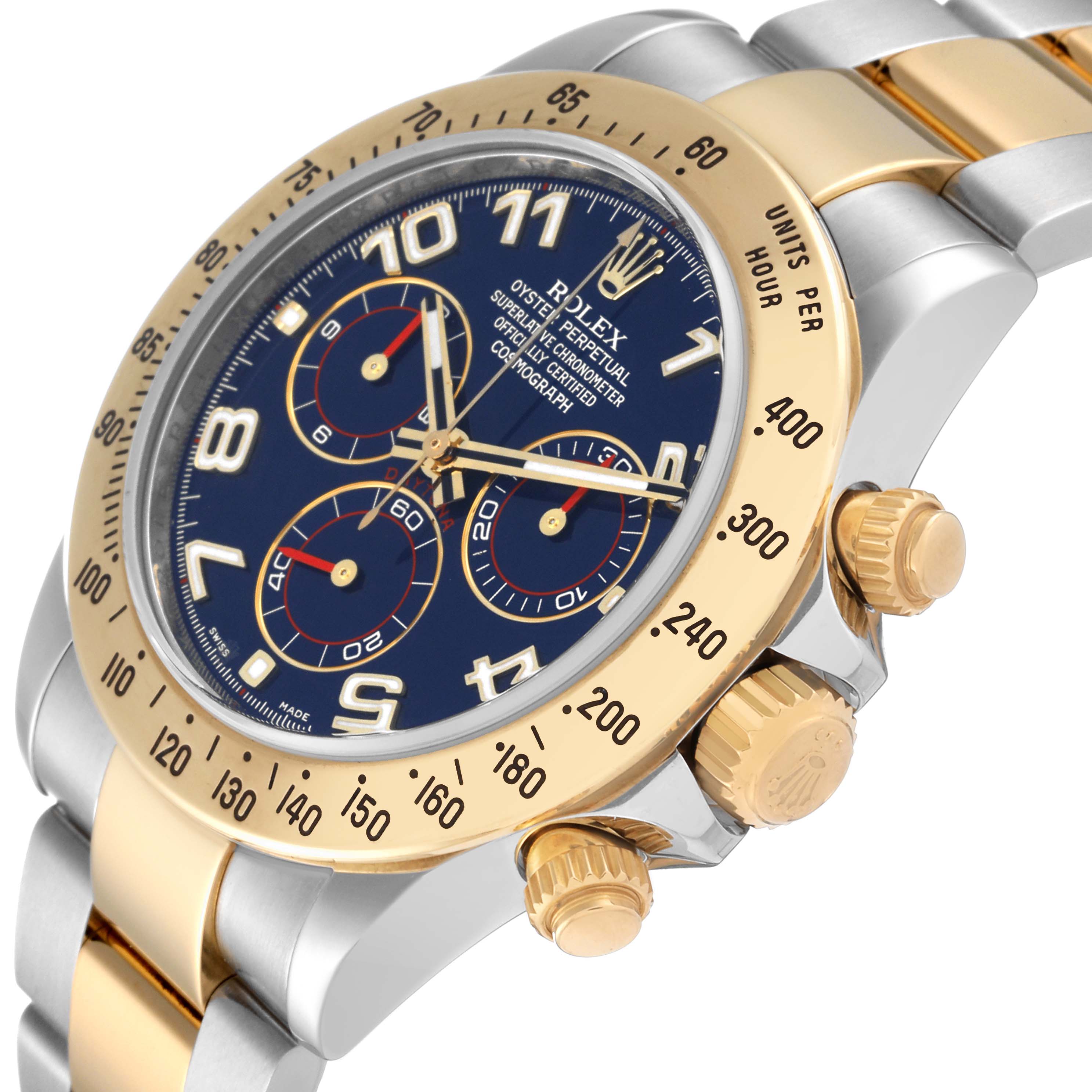 The image shows a Rolex Daytona 116523 Men's Steel and Gold (two tone) Blue Dial 116523 Men's Steel and Gold (two tone) Blue Dial watch at a slight angle, highlighting the bezel, dial, pushers, and part of the bracelet.