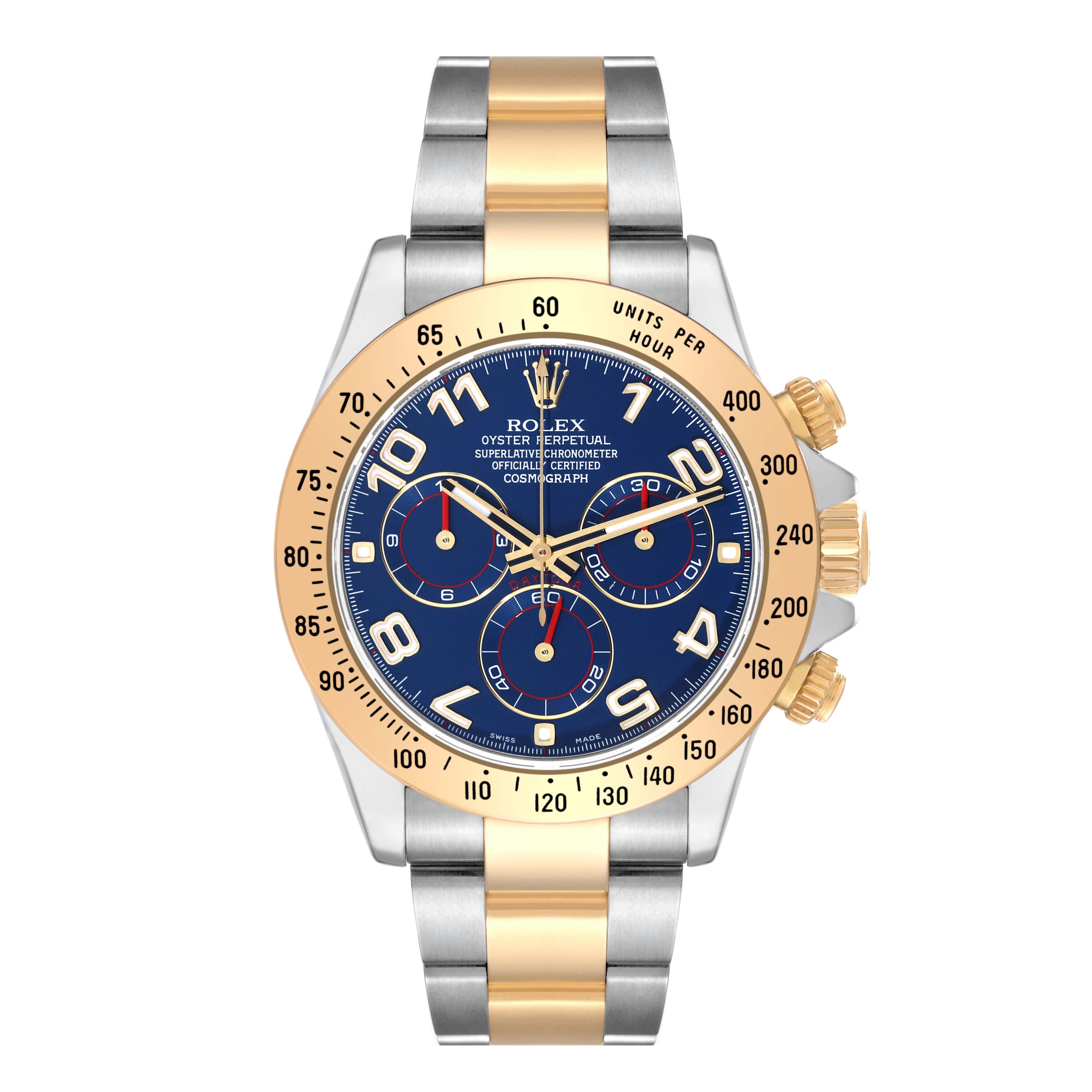 The image shows a front view of a Rolex Daytona 116523 Men's Steel and Gold (two tone) Blue Dial 116523 Men's Steel and Gold (two tone) Blue Dial watch with a blue dial and gold and silver bracelet.