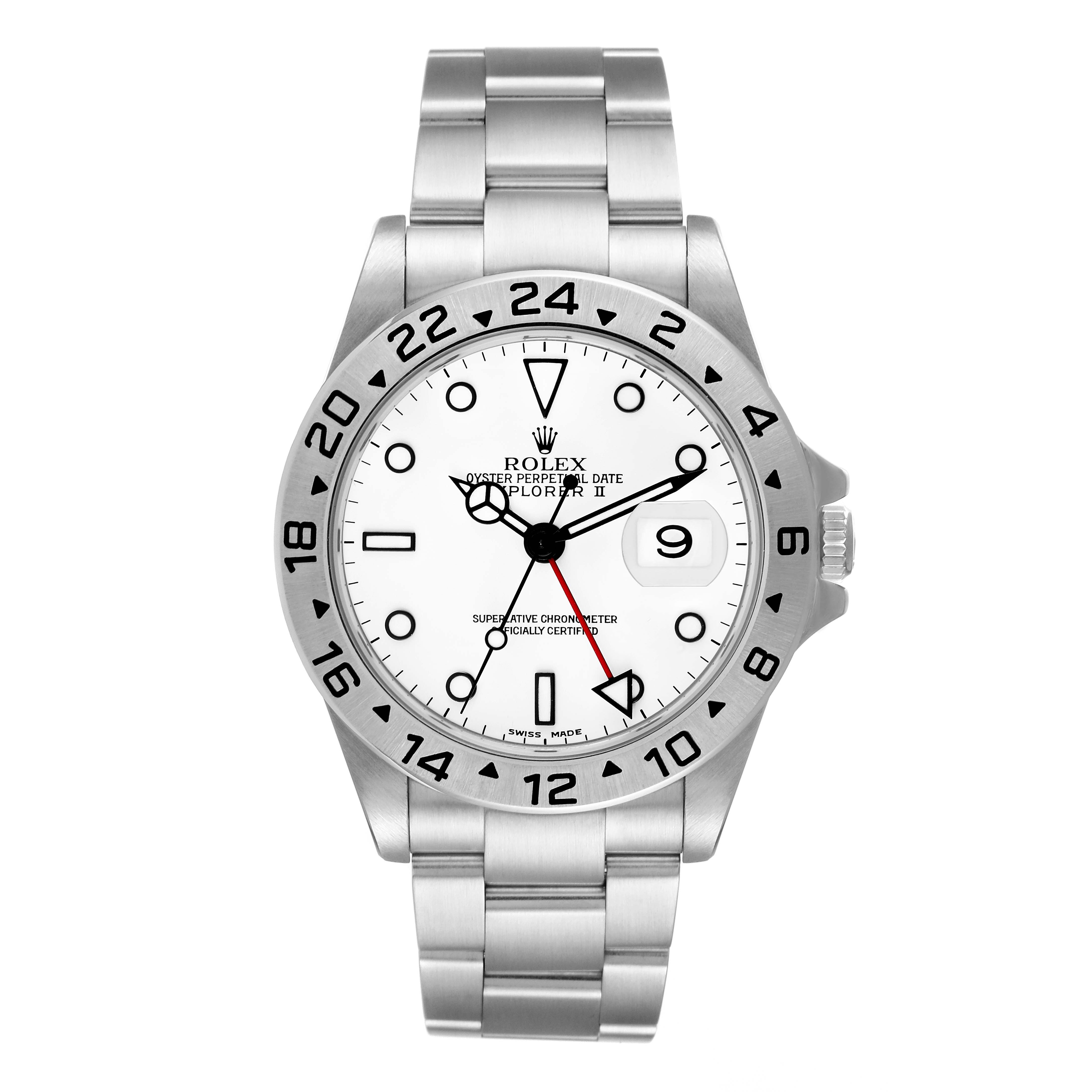 The image shows a front view of a Rolex Explorer 16570 Men
s Stainless Steel White Dial 16570 Men
s Stainless Steel White Dial watch with a white dial and stainless steel bracelet.