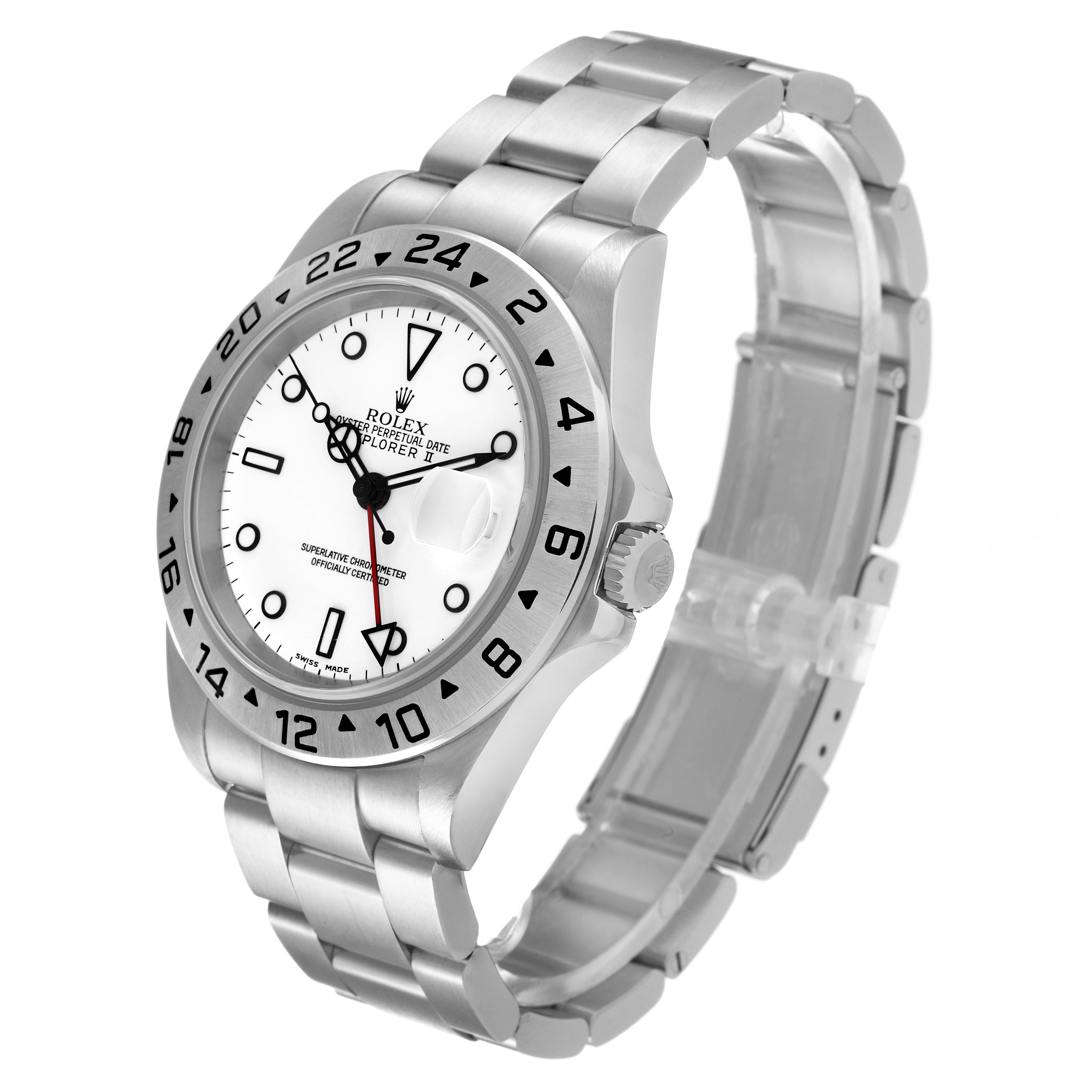 The Rolex Explorer 16570 Men
s Stainless Steel White Dial 16570 Men
s Stainless Steel White Dial model watch is shown at an angled side view, highlighting the dial, bezel, crown, and bracelet.