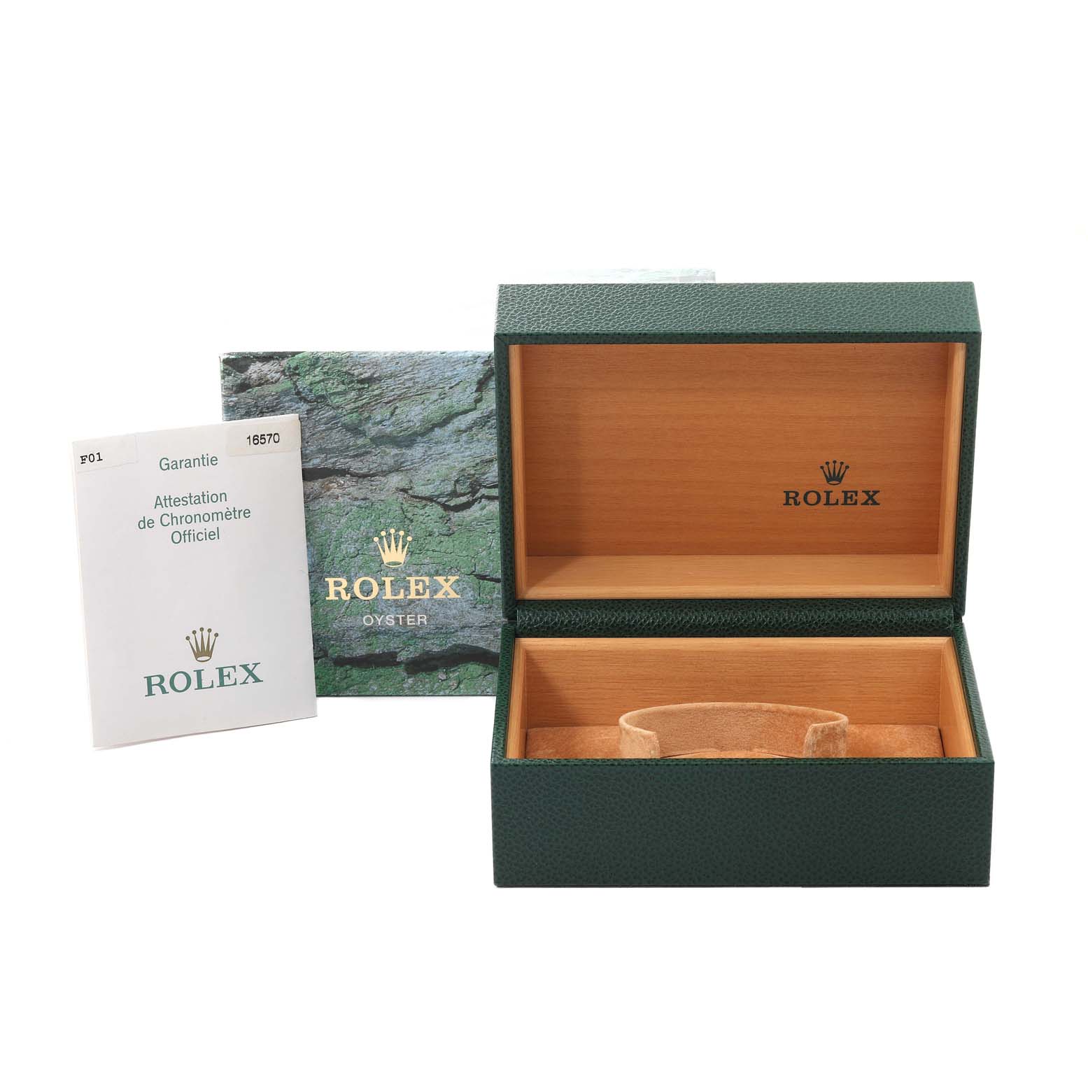 This image shows the packaging, including a box and documents, for a Rolex Explorer 16570 Men
s Stainless Steel White Dial 16570 Men
s Stainless Steel White Dial model watch.