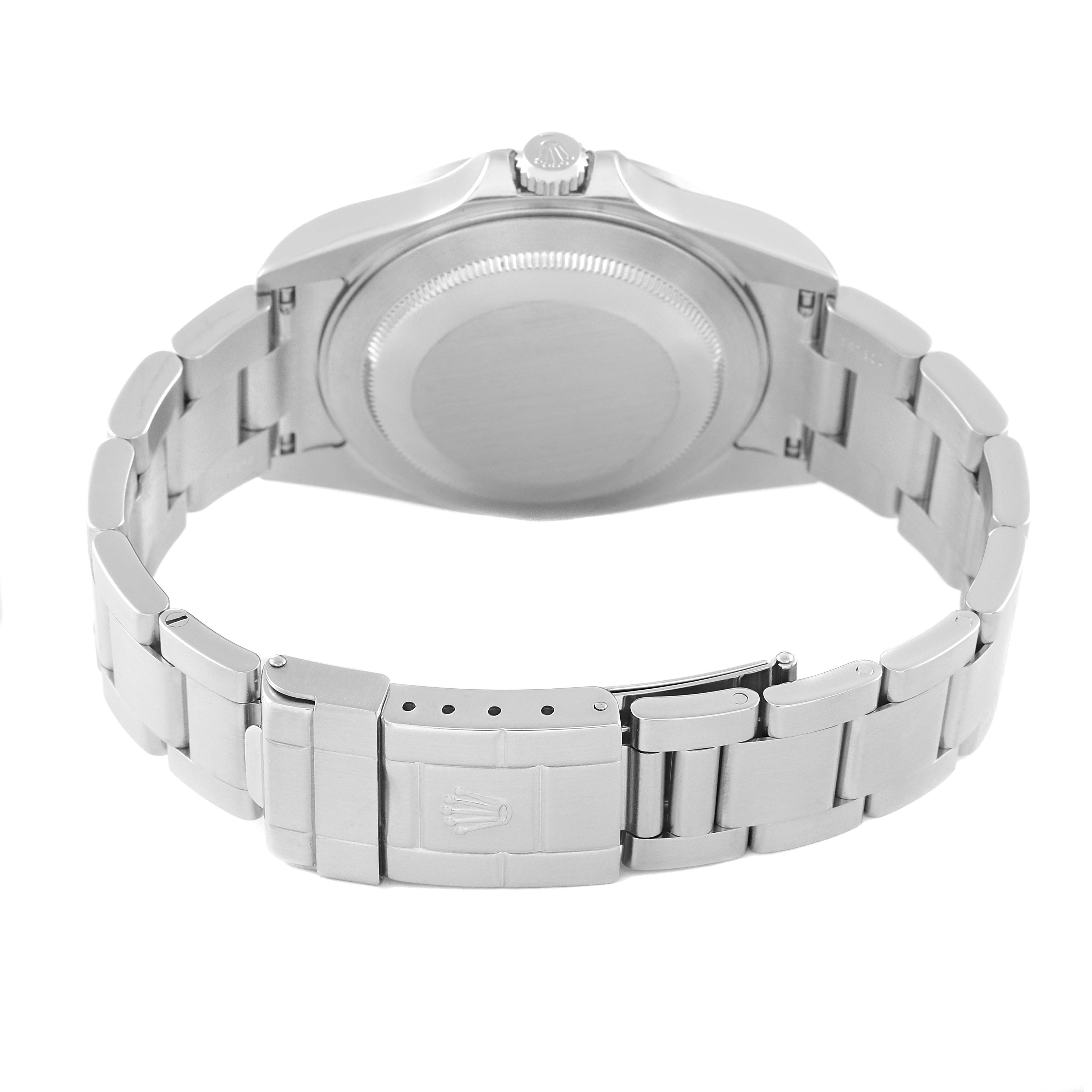 The image shows the back of the Rolex Explorer 16570 Men
s Stainless Steel White Dial 16570 Men
s Stainless Steel White Dial watch, highlighting the case back, bracelet, and clasp.