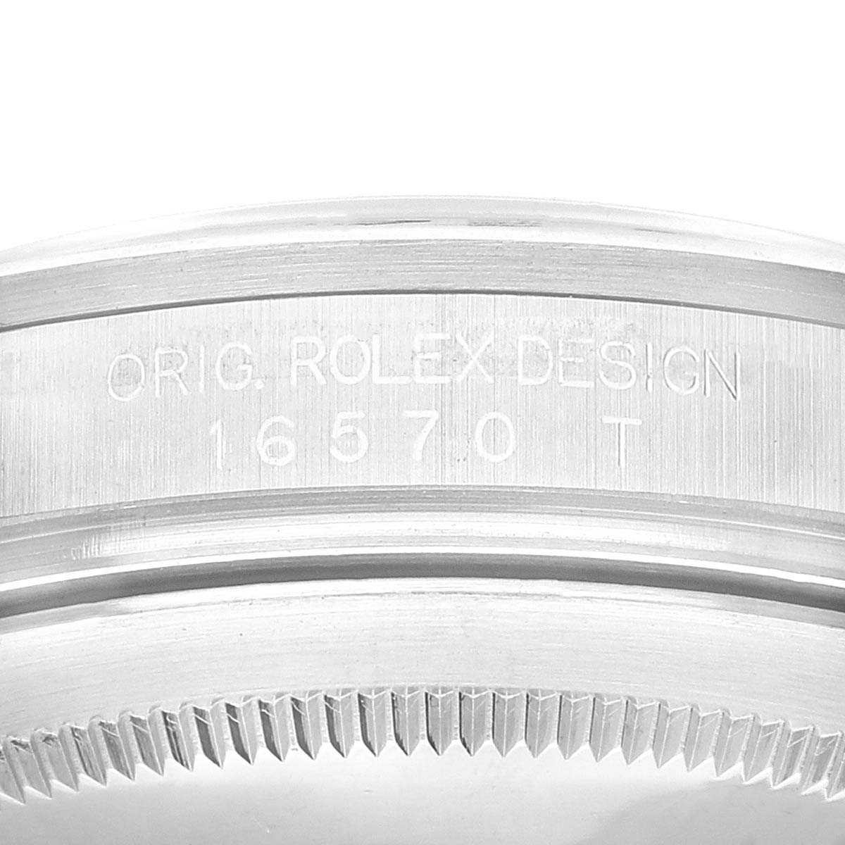 This image shows a close-up of the engraving on the case side of the Rolex Explorer 16570 Men
s Stainless Steel White Dial 16570 Men
s Stainless Steel White Dial model, featuring its design and model number.