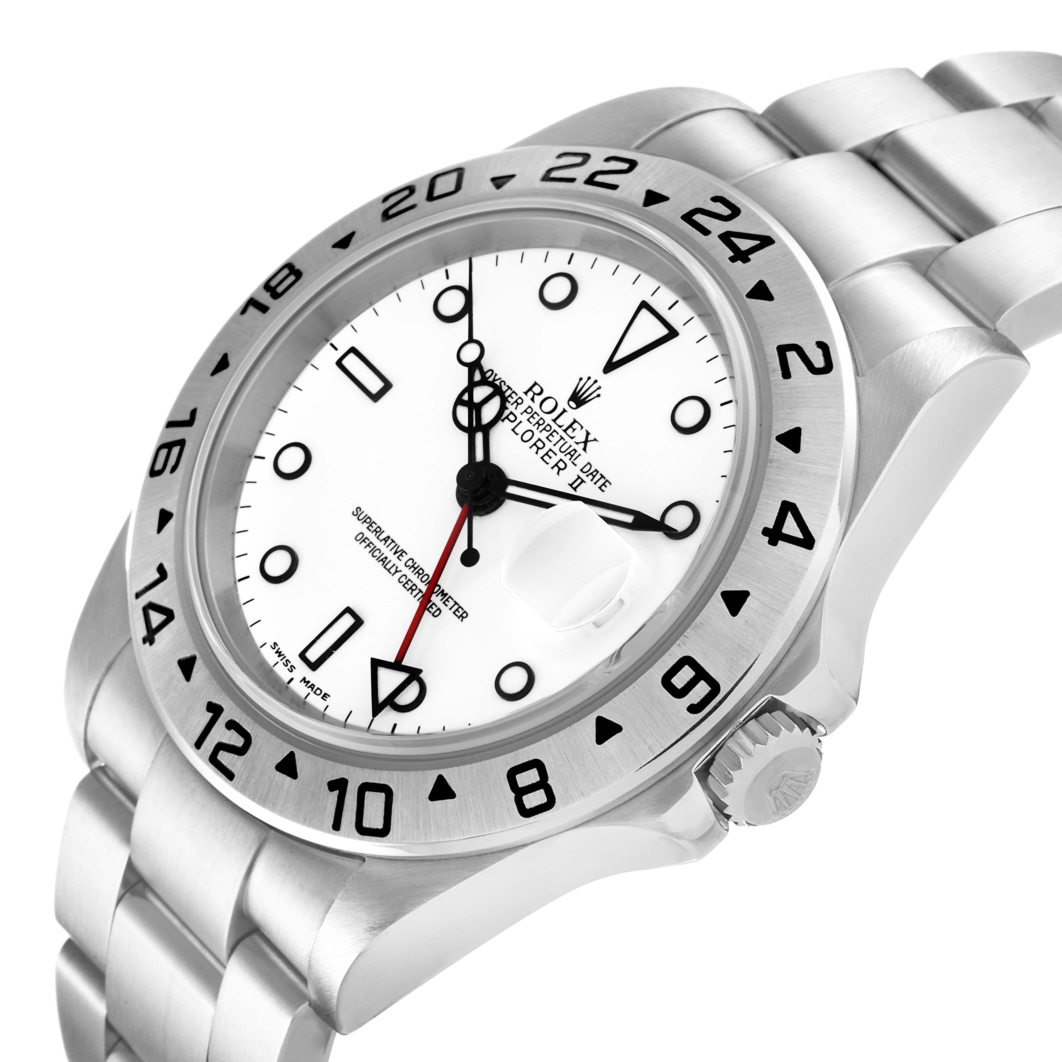 The image shows a Rolex Explorer 16570 Men
s Stainless Steel White Dial 16570 Men
s Stainless Steel White Dial watch at an oblique angle, displaying the dial, stainless steel bezel, and part of the bracelet.