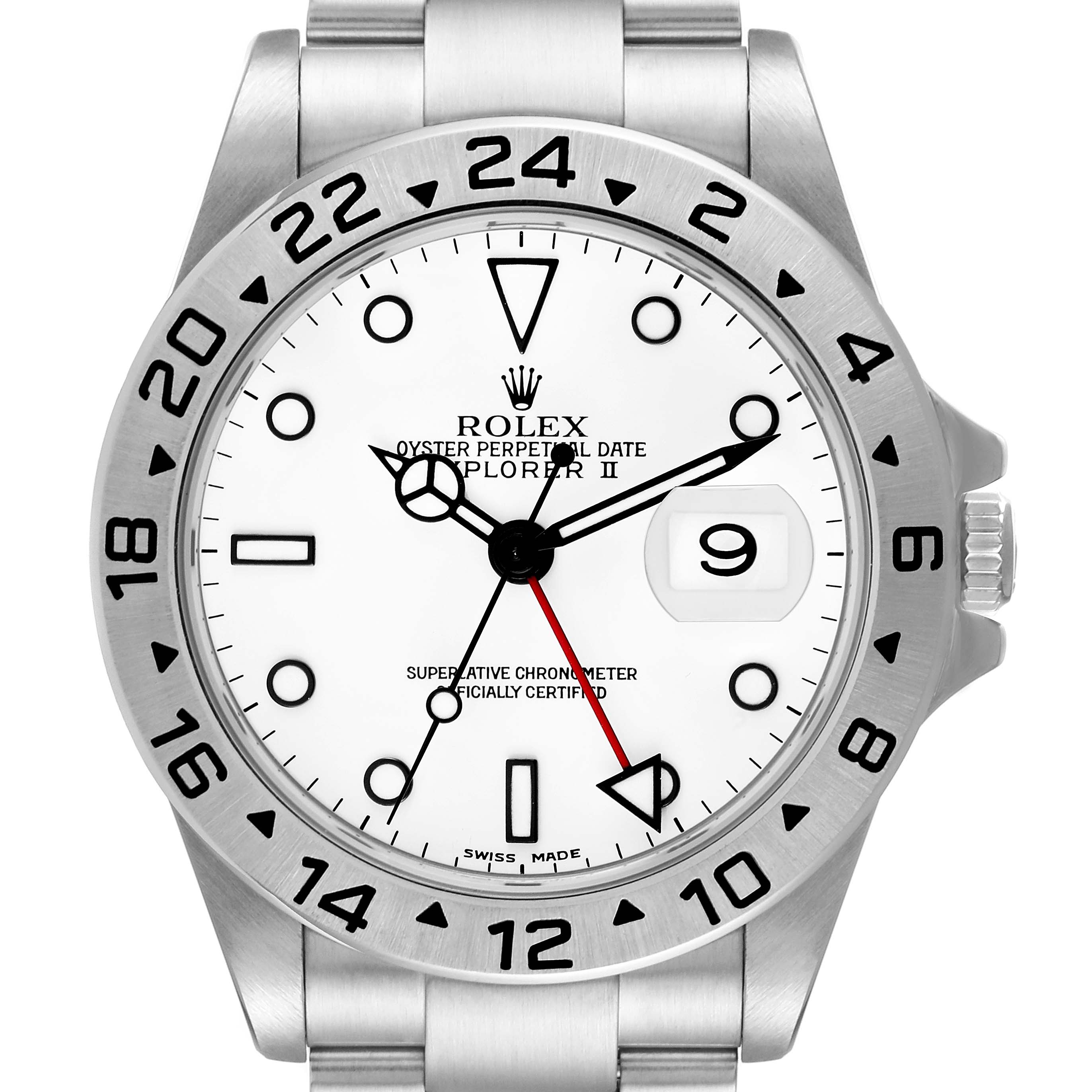 This image shows a front view of the Rolex Explorer 16570 Men
s Stainless Steel White Dial 16570 Men
s Stainless Steel White Dial watch, highlighting its white dial, date window, and bezel.