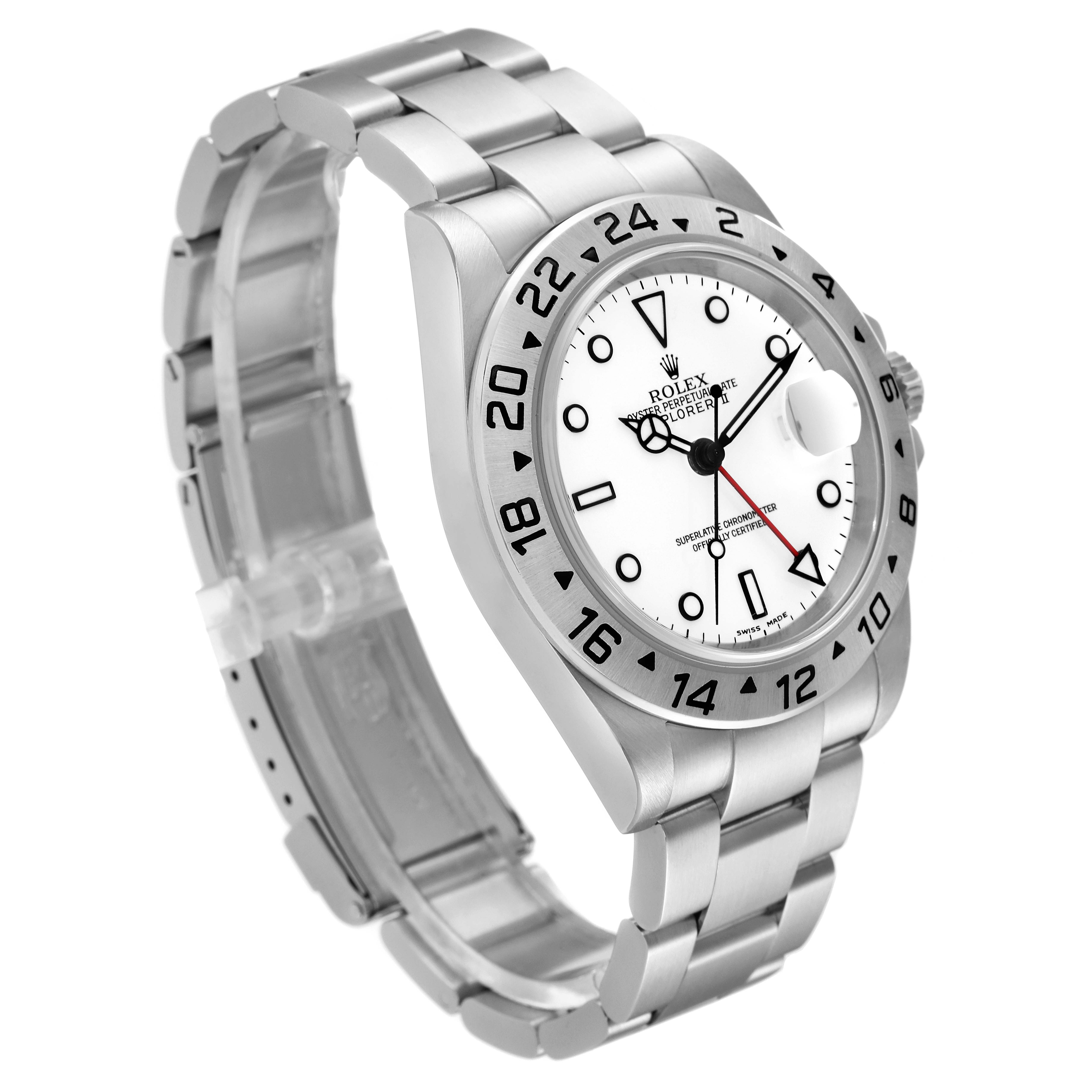 The image shows a side angle of the Rolex Explorer 16570 Men
s Stainless Steel White Dial 16570 Men
s Stainless Steel White Dial watch, highlighting the bracelet, bezel, and dial.